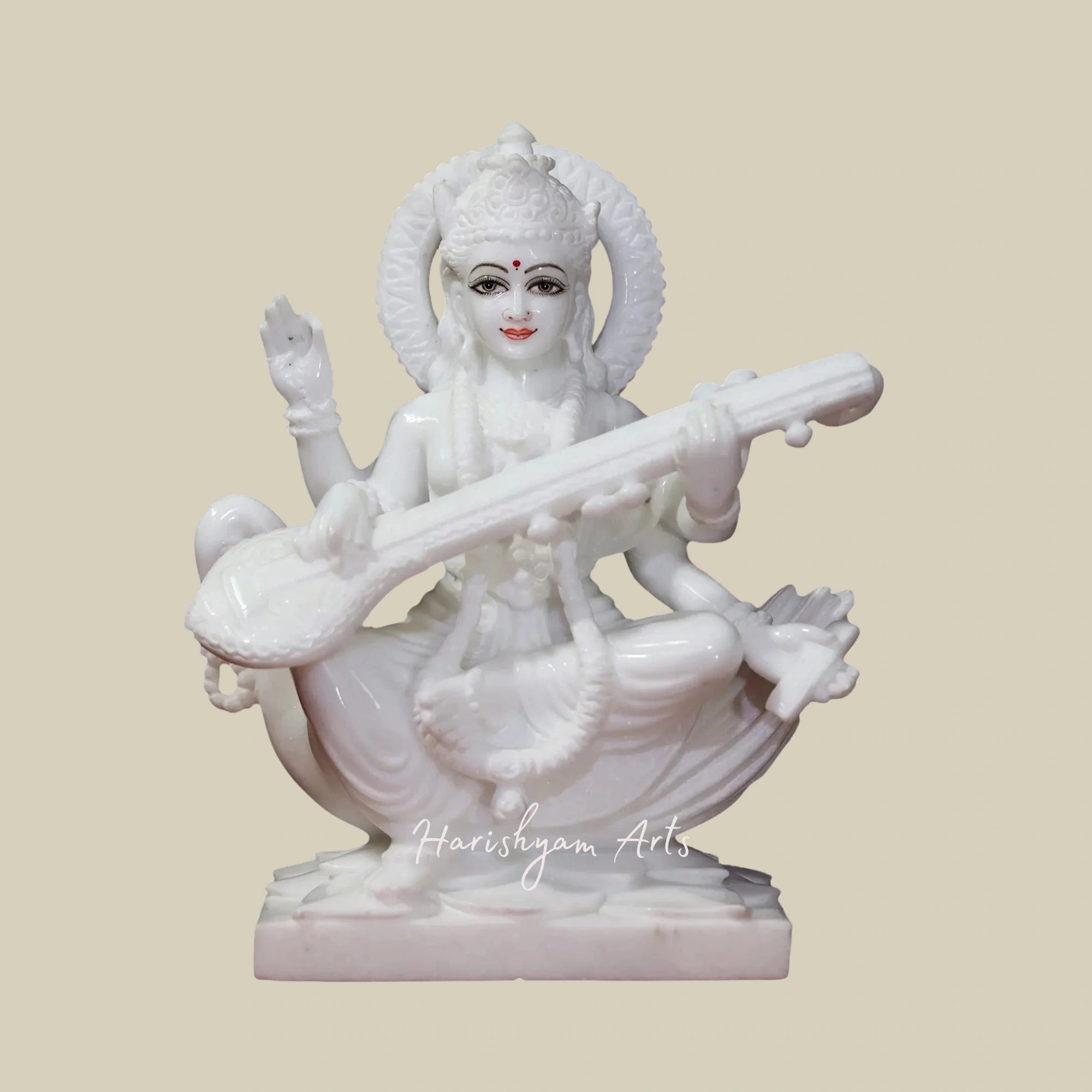 15" Seated Saraswati Marble Idol Wearing Floral Garland in Super White Makrana Marble