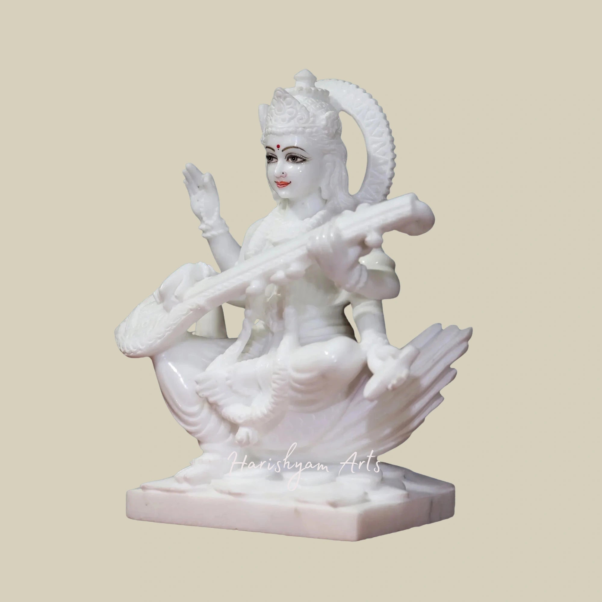 15" Seated Saraswati Marble Idol Wearing Floral Garland in Super White Makrana Marble