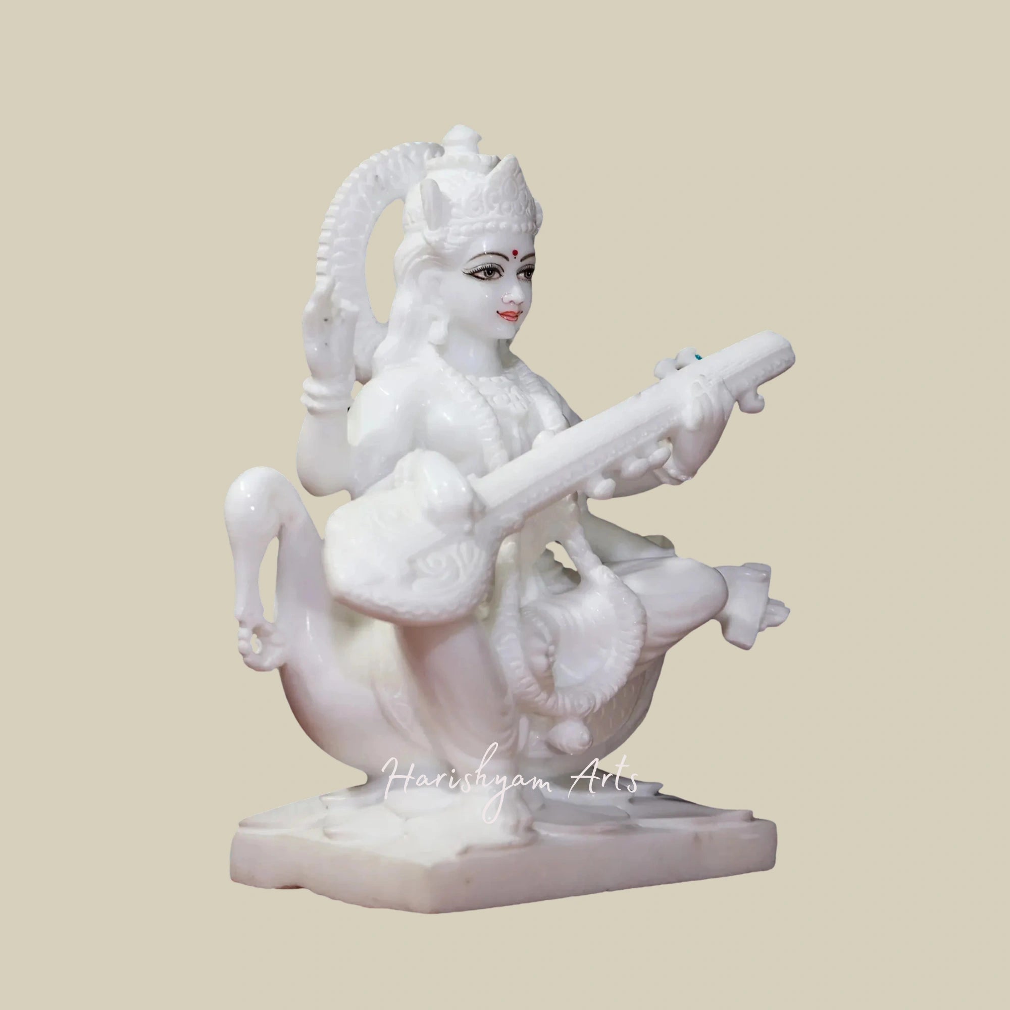 15" Seated Saraswati Marble Idol Wearing Floral Garland in Super White Makrana Marble