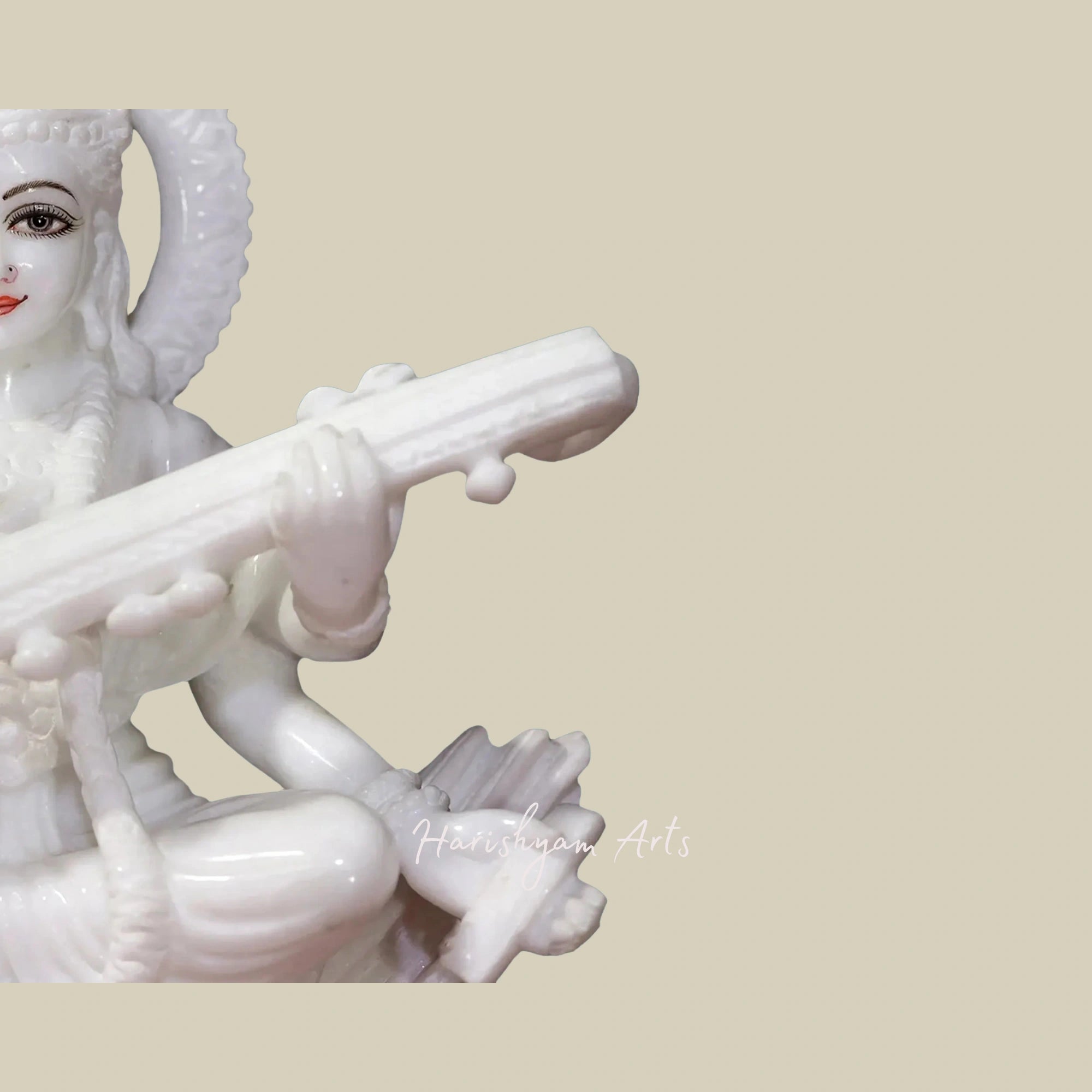 15" Seated Saraswati Marble Idol Wearing Floral Garland in Super White Makrana Marble