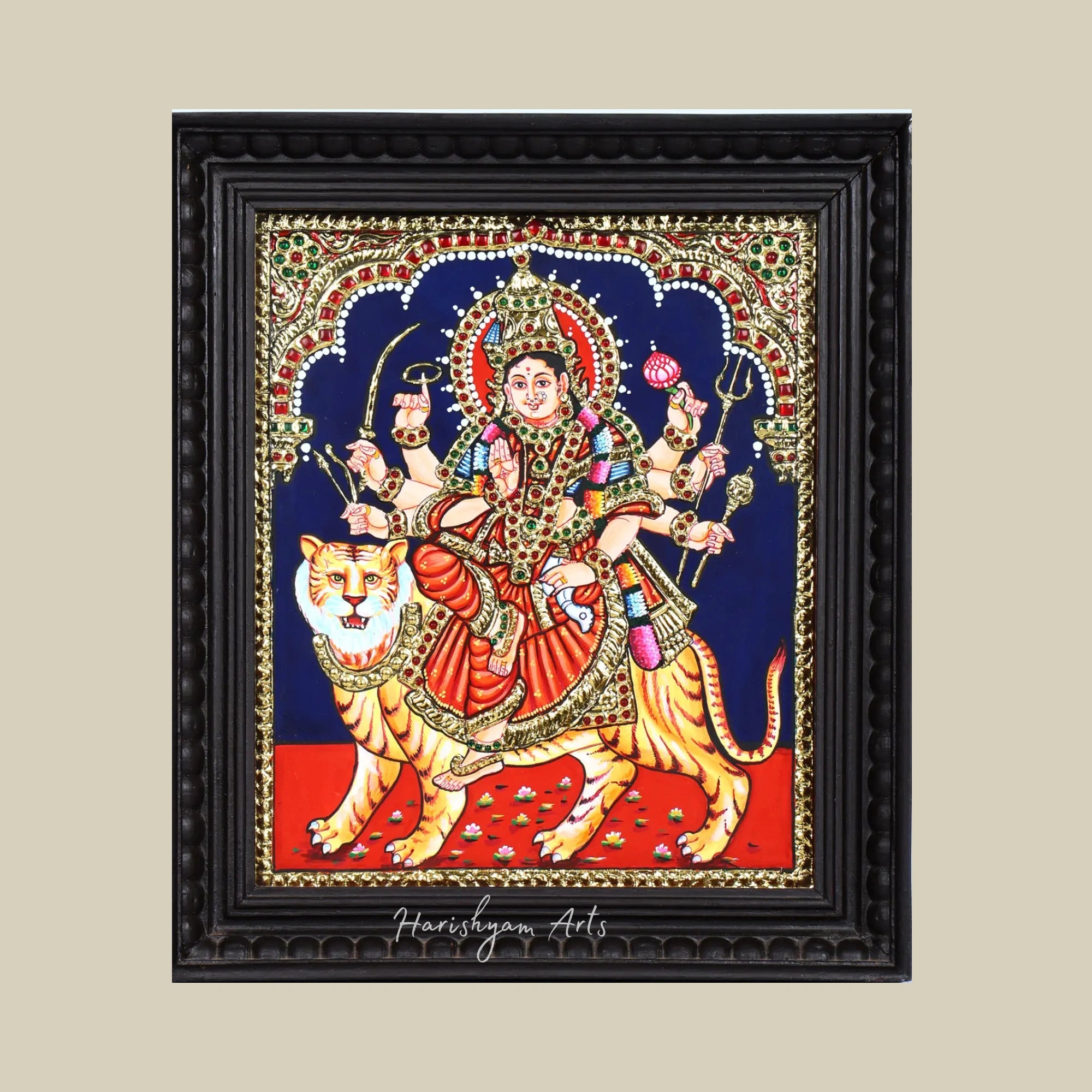 15" Sherawali Maa Durga Tanjore Painting for Puja Room in a Traditional Frame