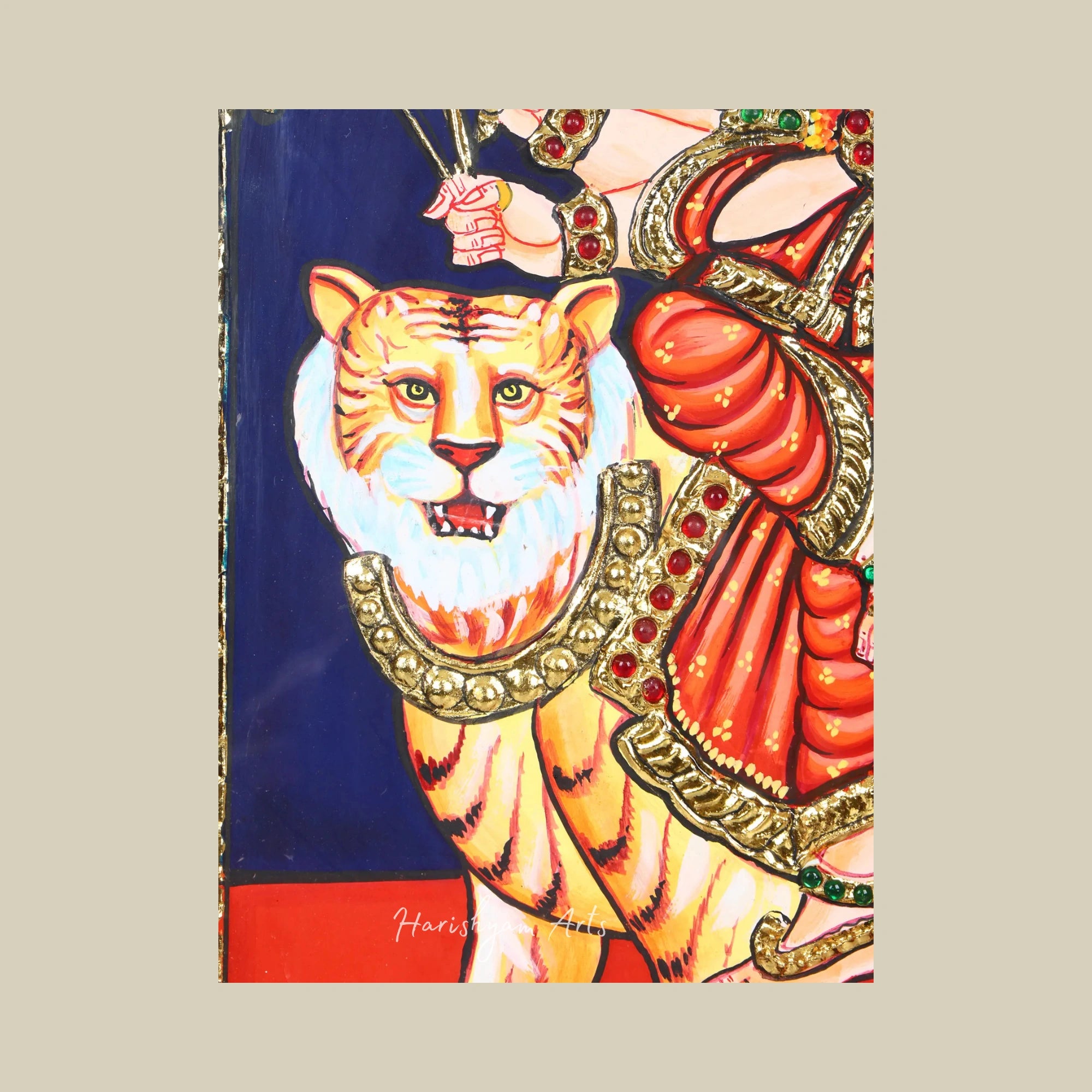 15" Sherawali Maa Durga Tanjore Painting for Puja Room in a Traditional Frame