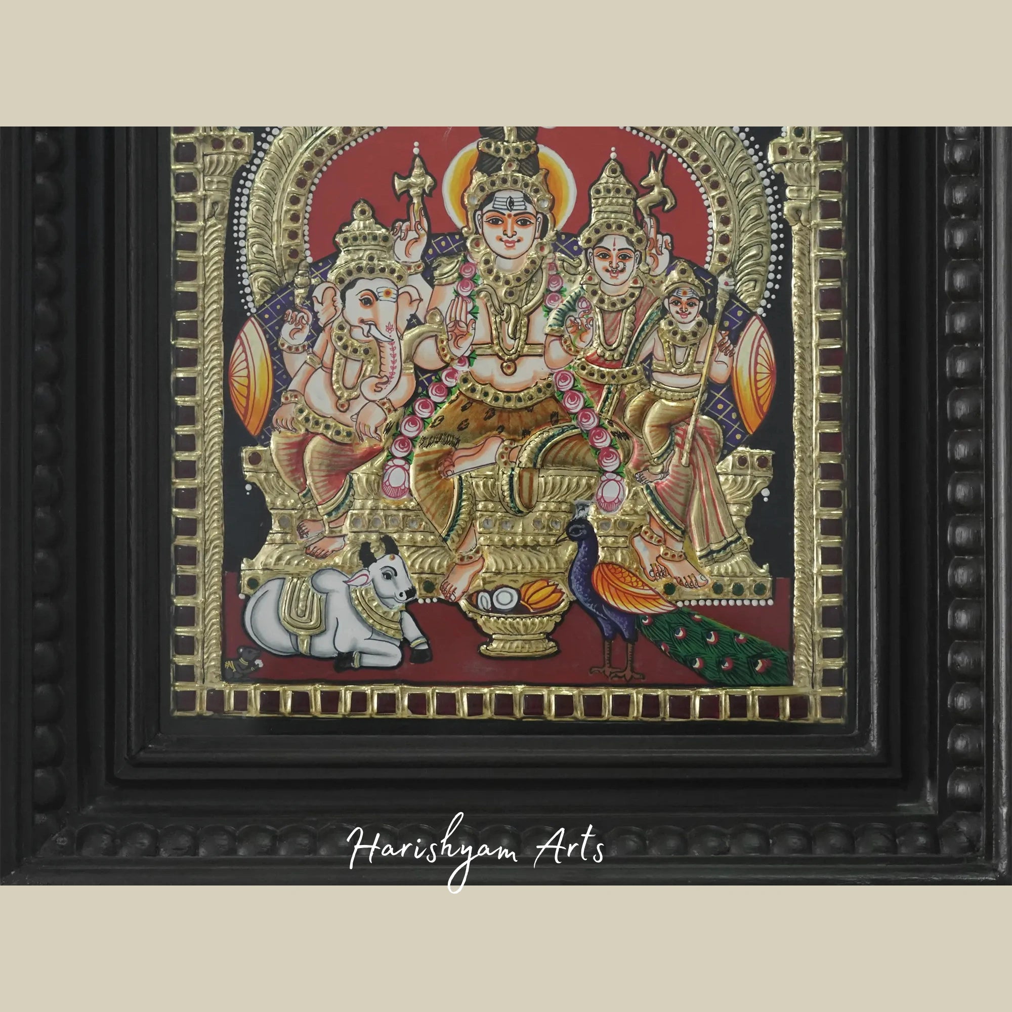 15" Shiva Parivar Tanjore Painting with 24K Gold and Traditional Colors in a Framed Design