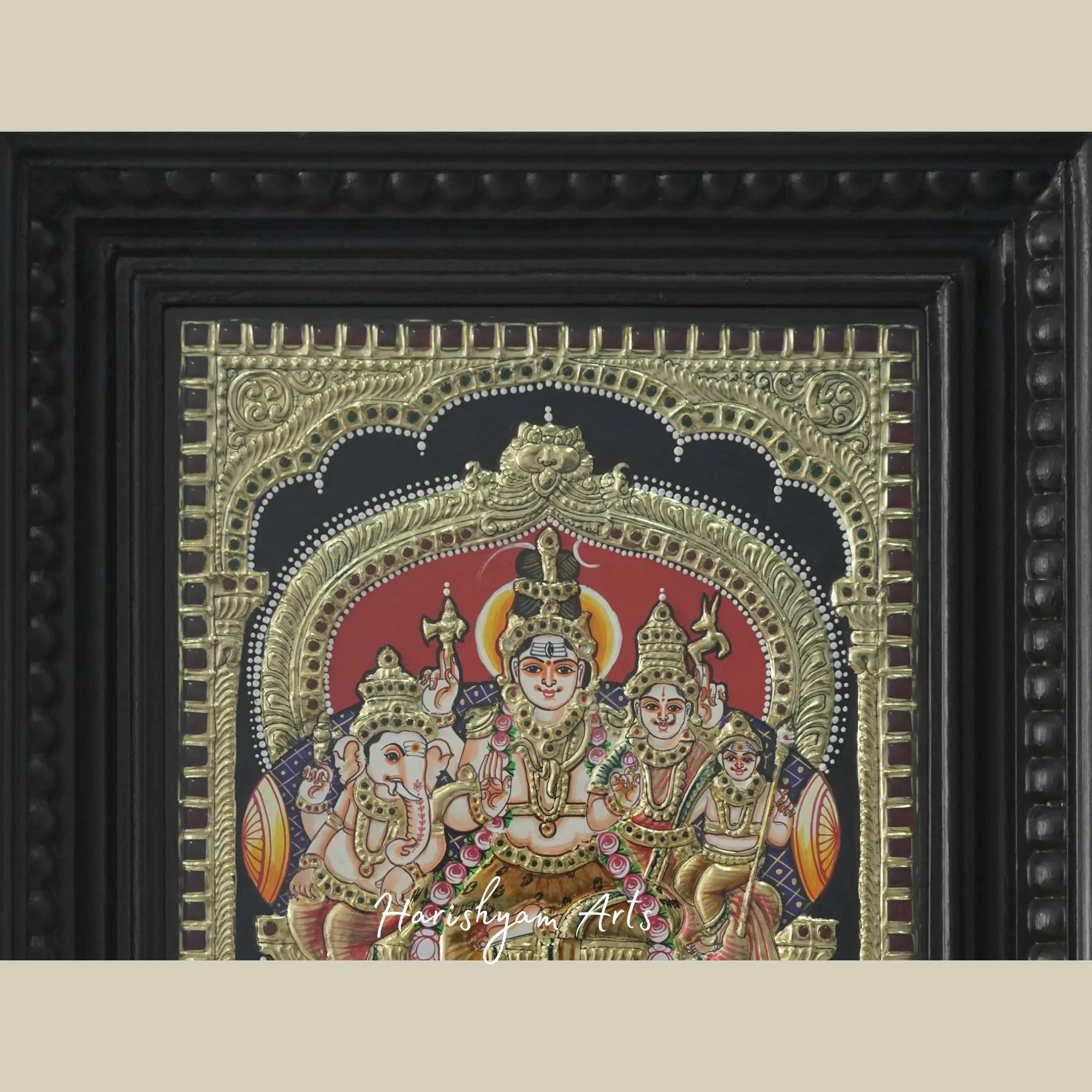15" Shiva Parivar Tanjore Painting with 24K Gold and Traditional Colors in a Framed Design