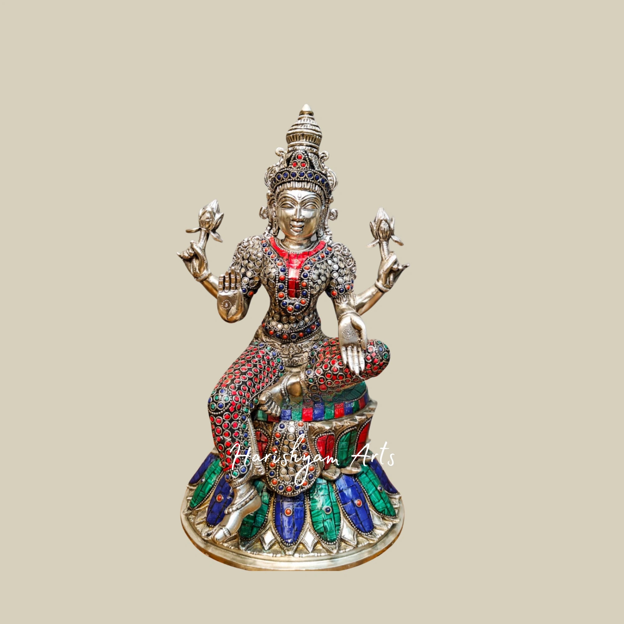 15" Silver-Plated Brass Statues of Ganesha, Lakshmi, and Saraswati for Home Temples