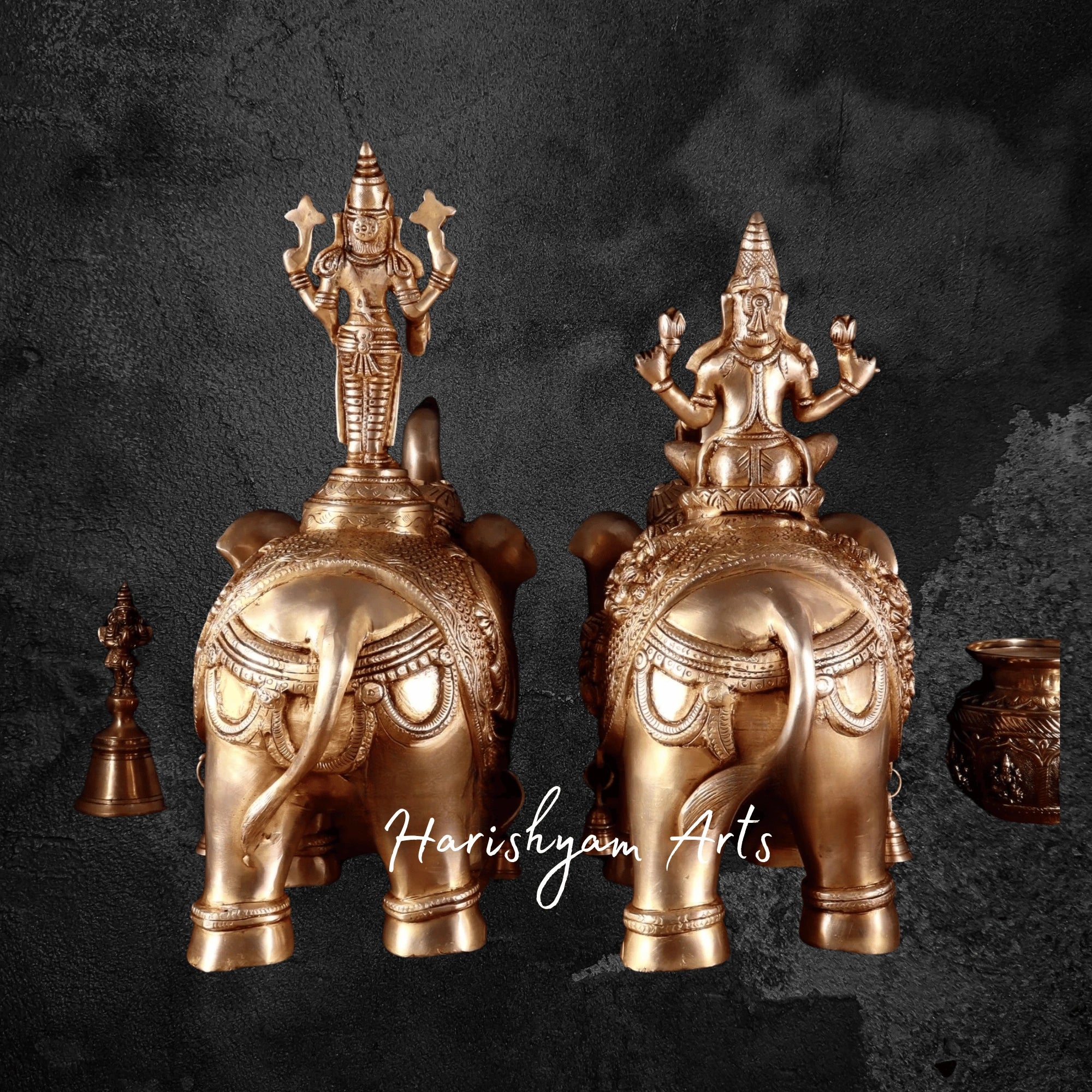 15" Superfine Brass Elephant Pair Featuring Ashtalakshmi and Balaji Motifs