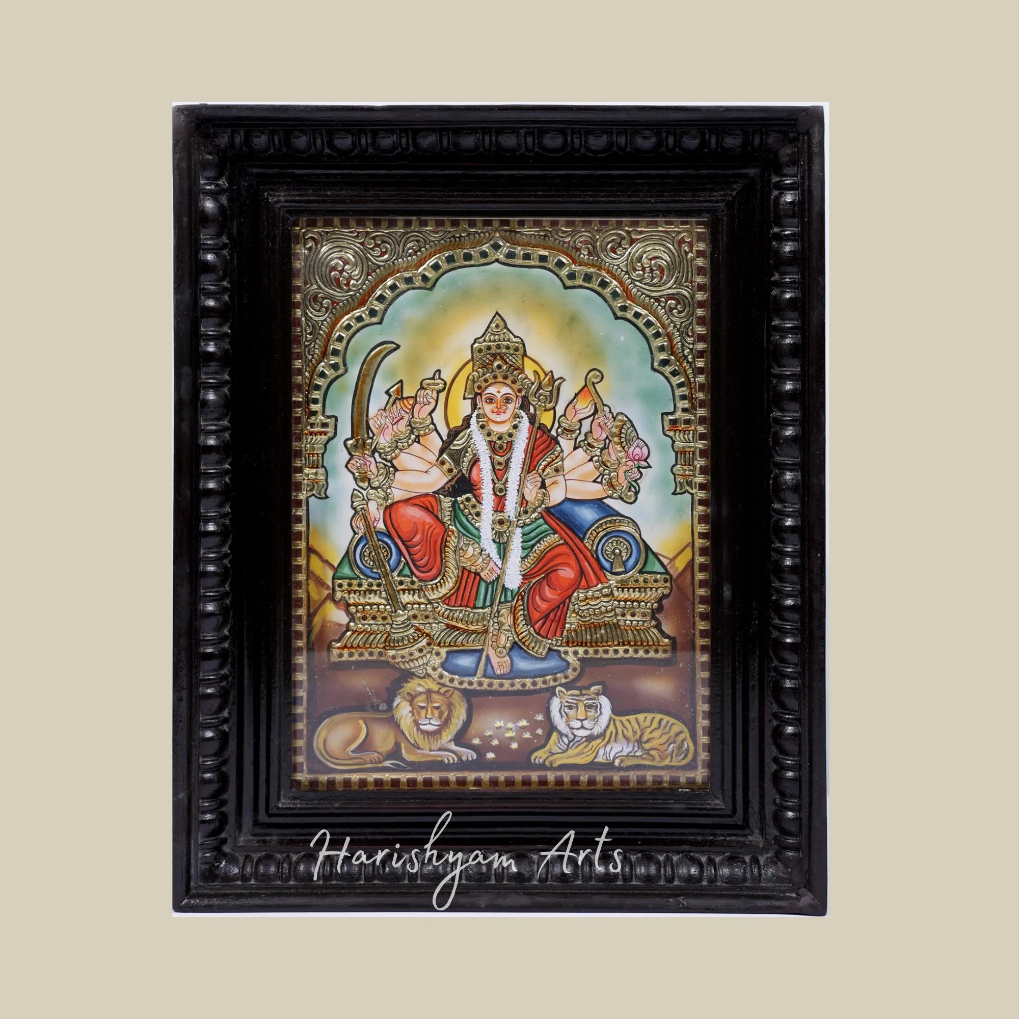 15" Ten-Armed Durga Tanjore Painting in a Decorative Framed Artwork for Home