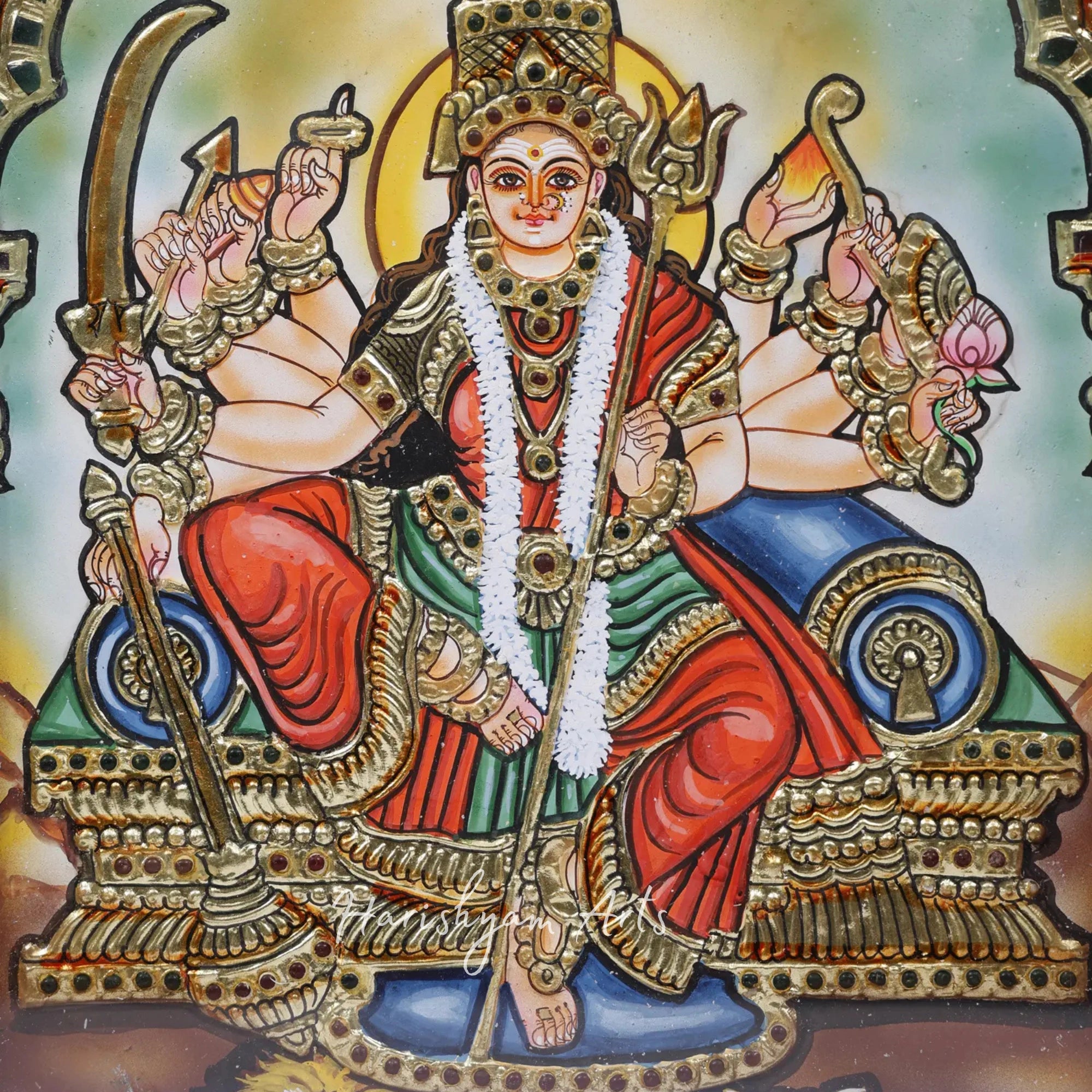 15" Ten-Armed Durga Tanjore Painting in a Decorative Framed Artwork for Home