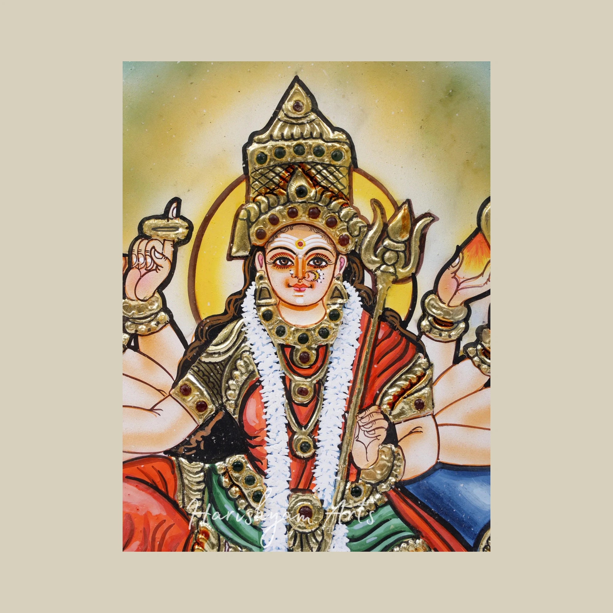 15" Ten-Armed Durga Tanjore Painting in a Decorative Framed Artwork for Home