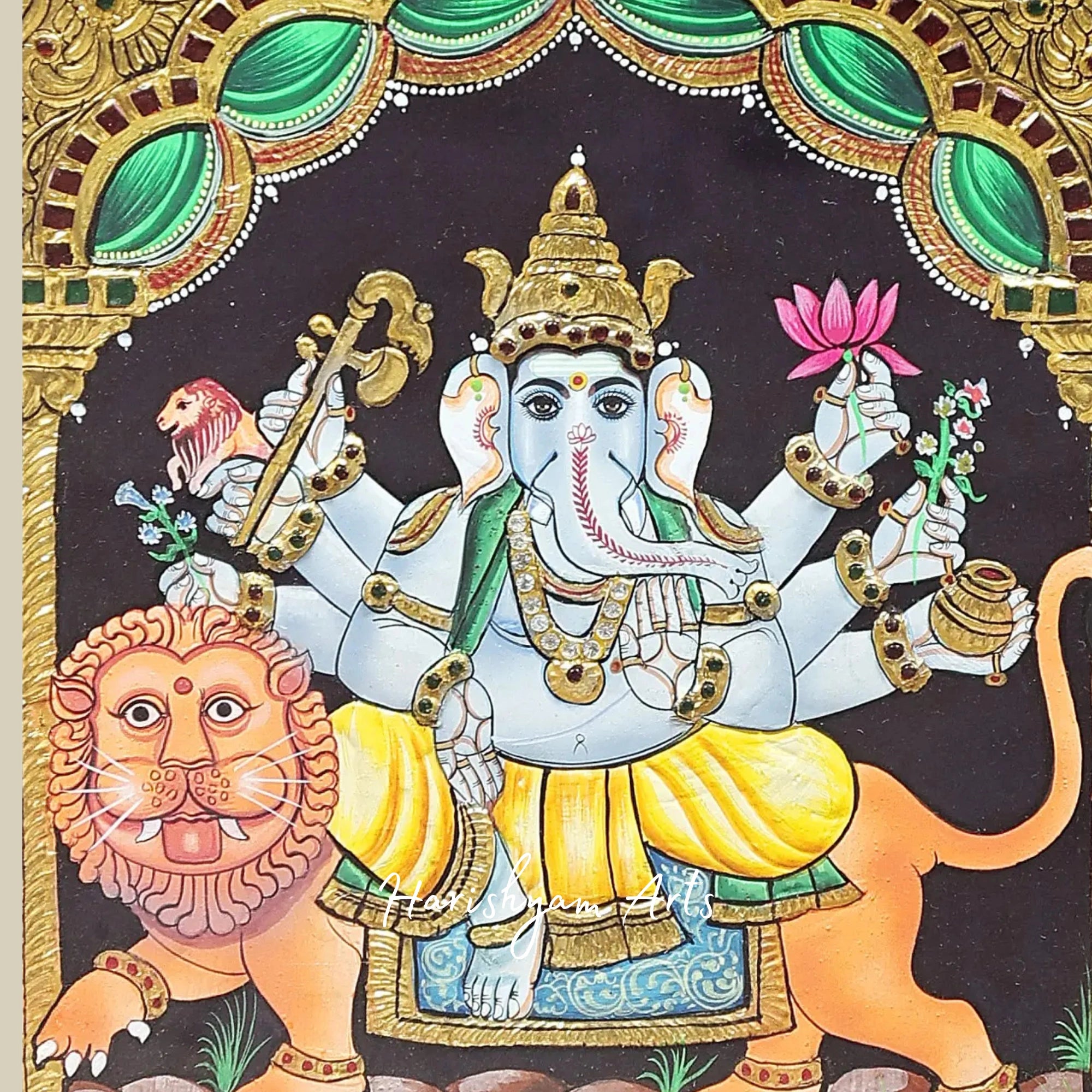 15" Traditional Lord Ganesha Tanjore Painting Seated on Lion with 24K Gold Highlights