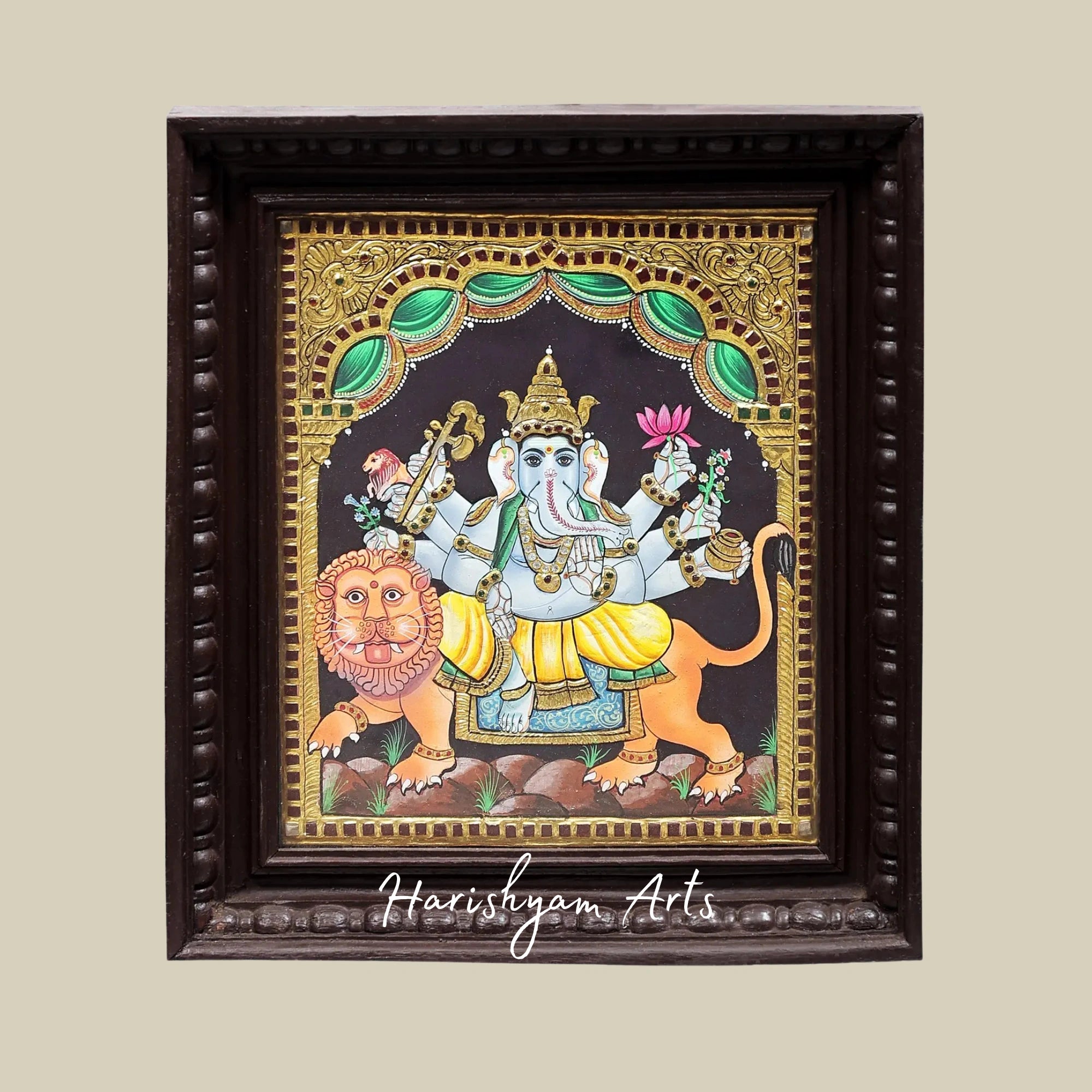 15" Traditional Lord Ganesha Tanjore Painting Seated on Lion with 24K Gold Highlights1