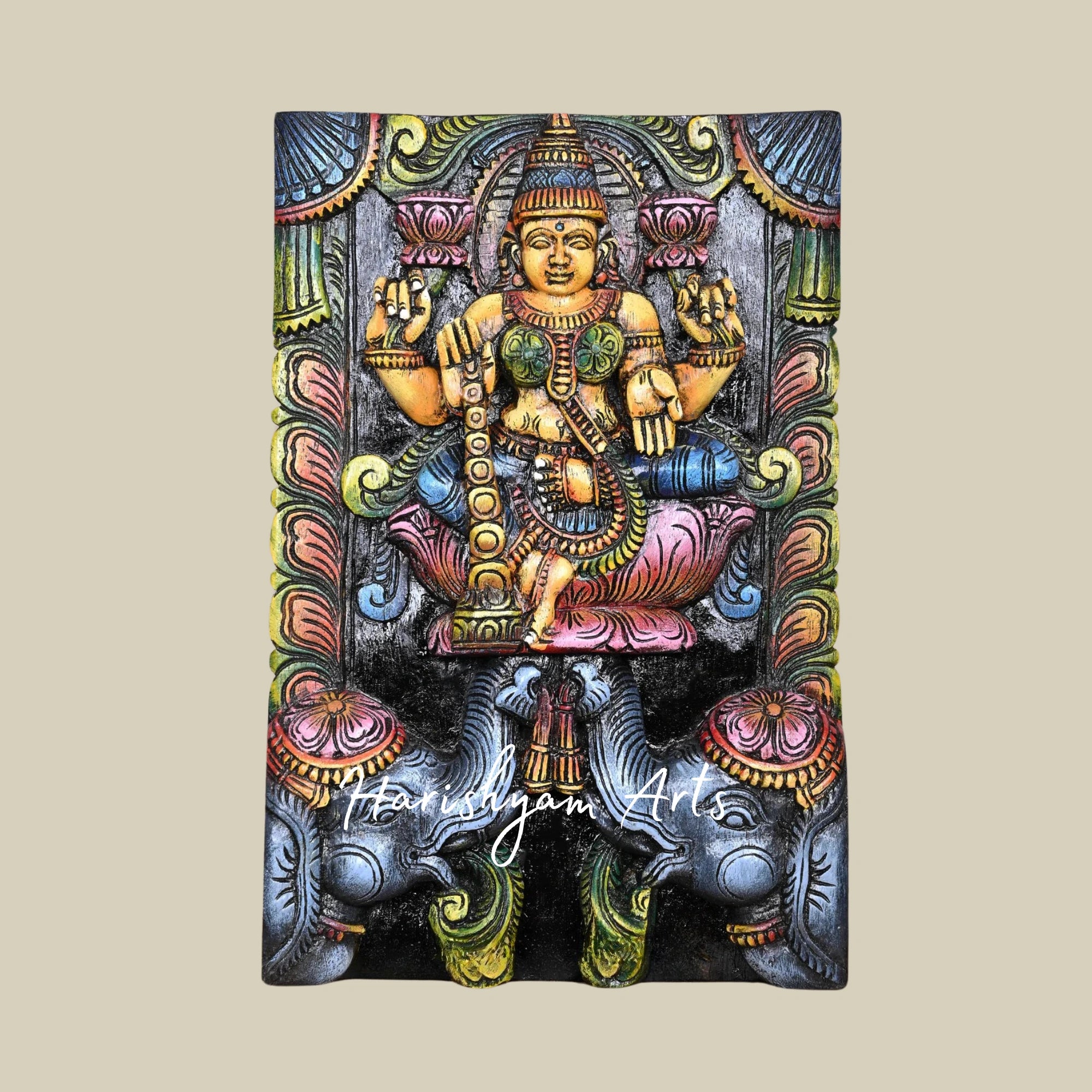 15" Unique Floral Design Wooden Goddess Mahalakshmi Kavadi with Grey Elephants