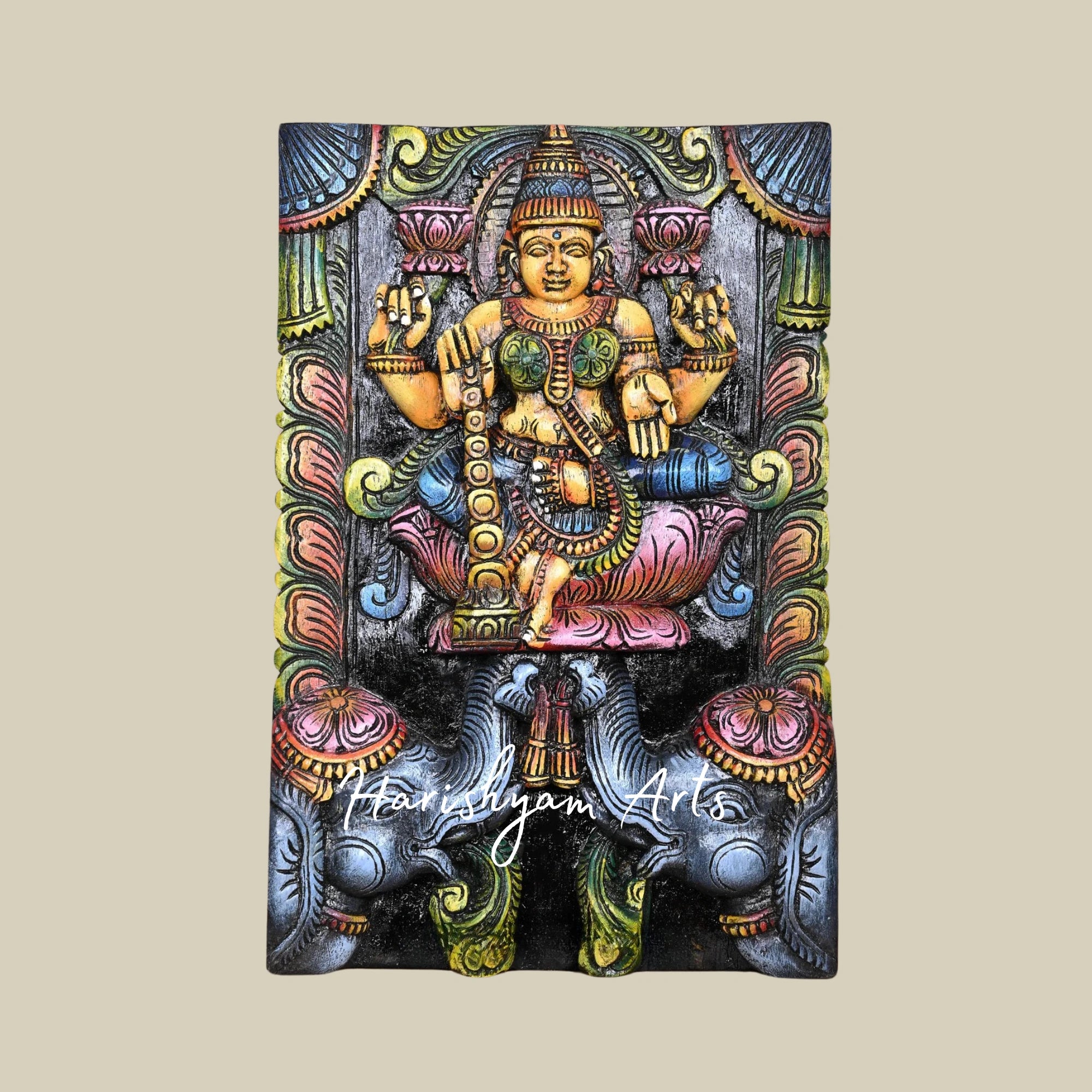 15" Unique Floral Design Wooden Goddess Mahalakshmi Kavadi with Grey Elephants