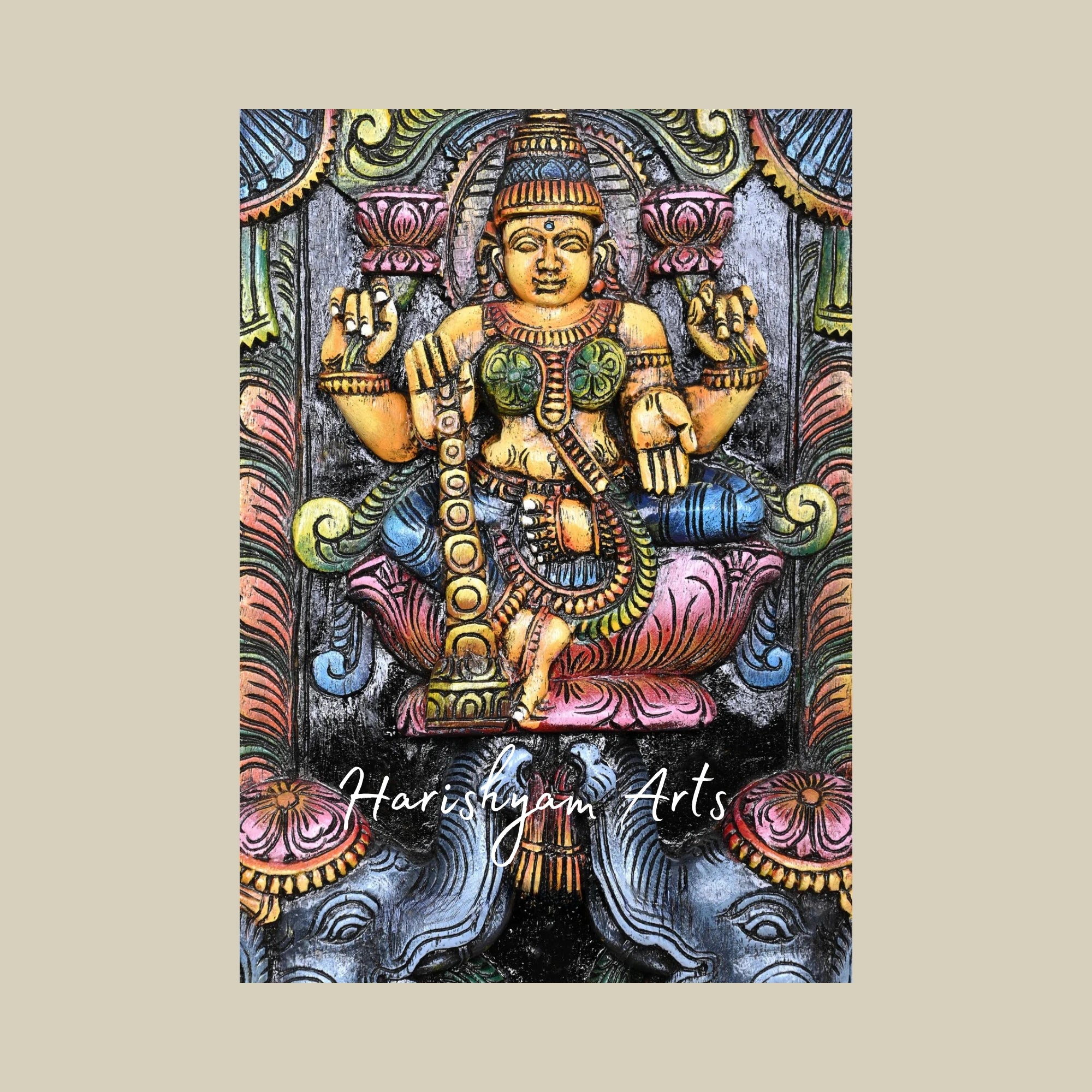 15" Unique Floral Design Wooden Goddess Mahalakshmi Kavadi with Grey Elephants