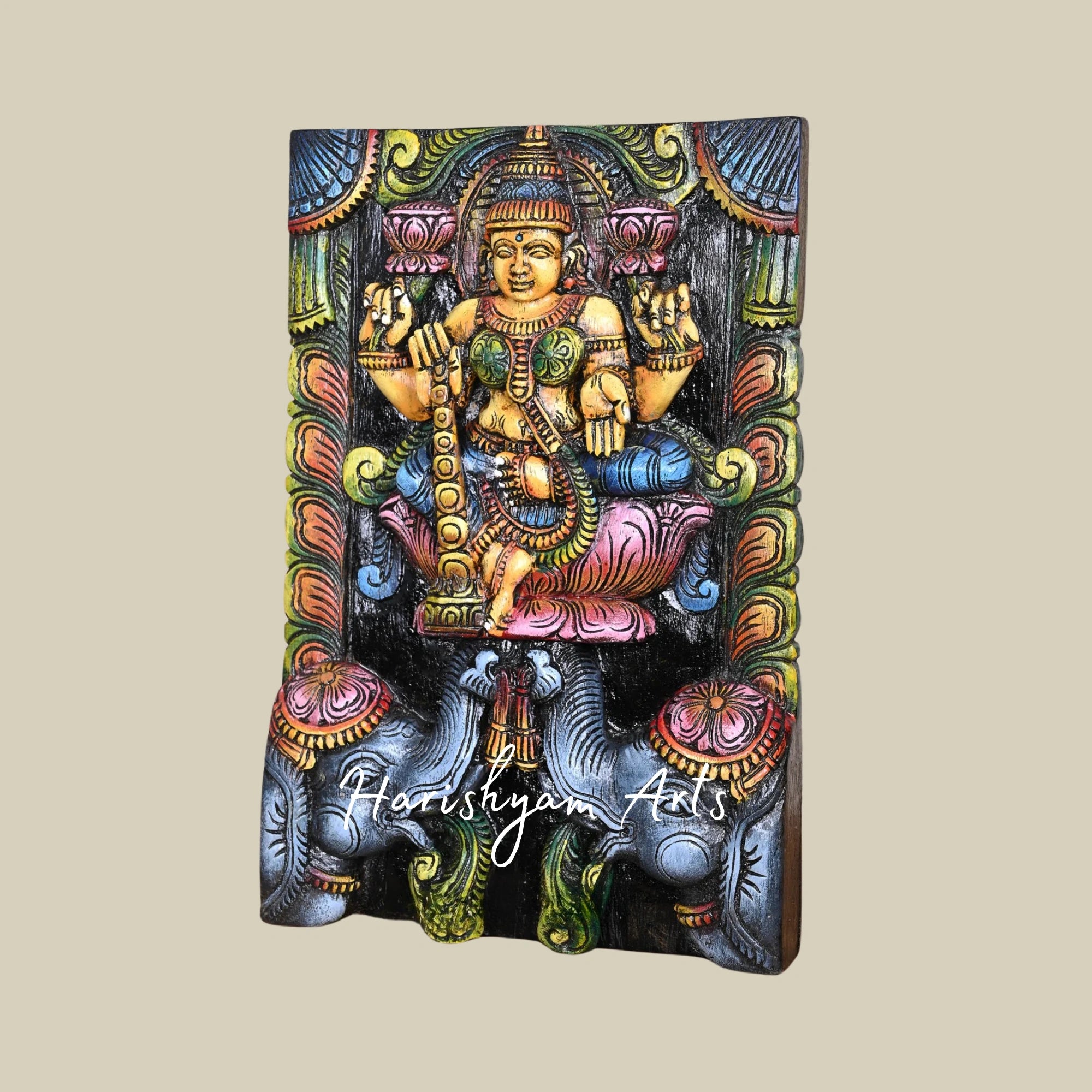 15" Unique Floral Design Wooden Goddess Mahalakshmi Kavadi with Grey Elephants