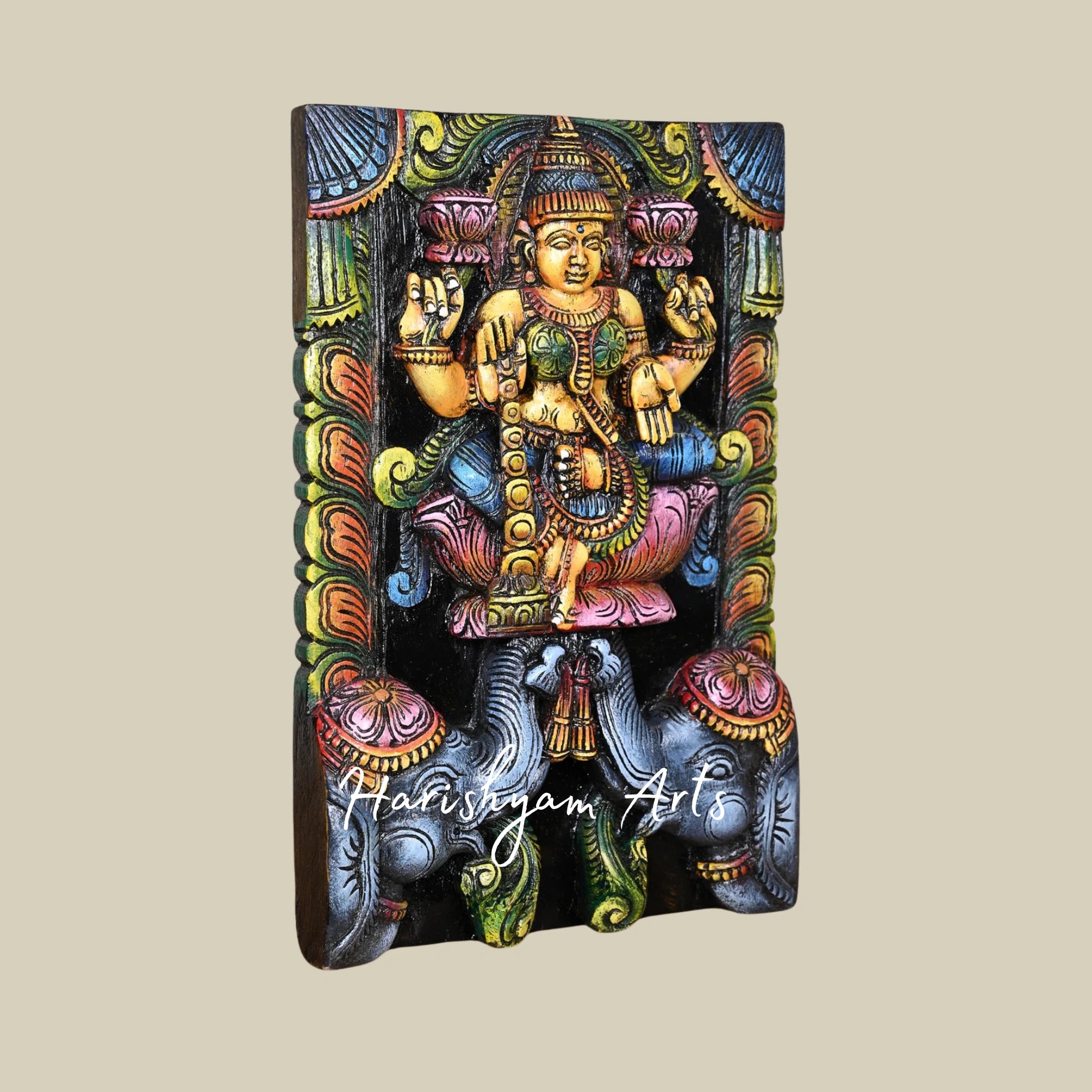 15" Unique Floral Design Wooden Goddess Mahalakshmi Kavadi with Grey Elephants