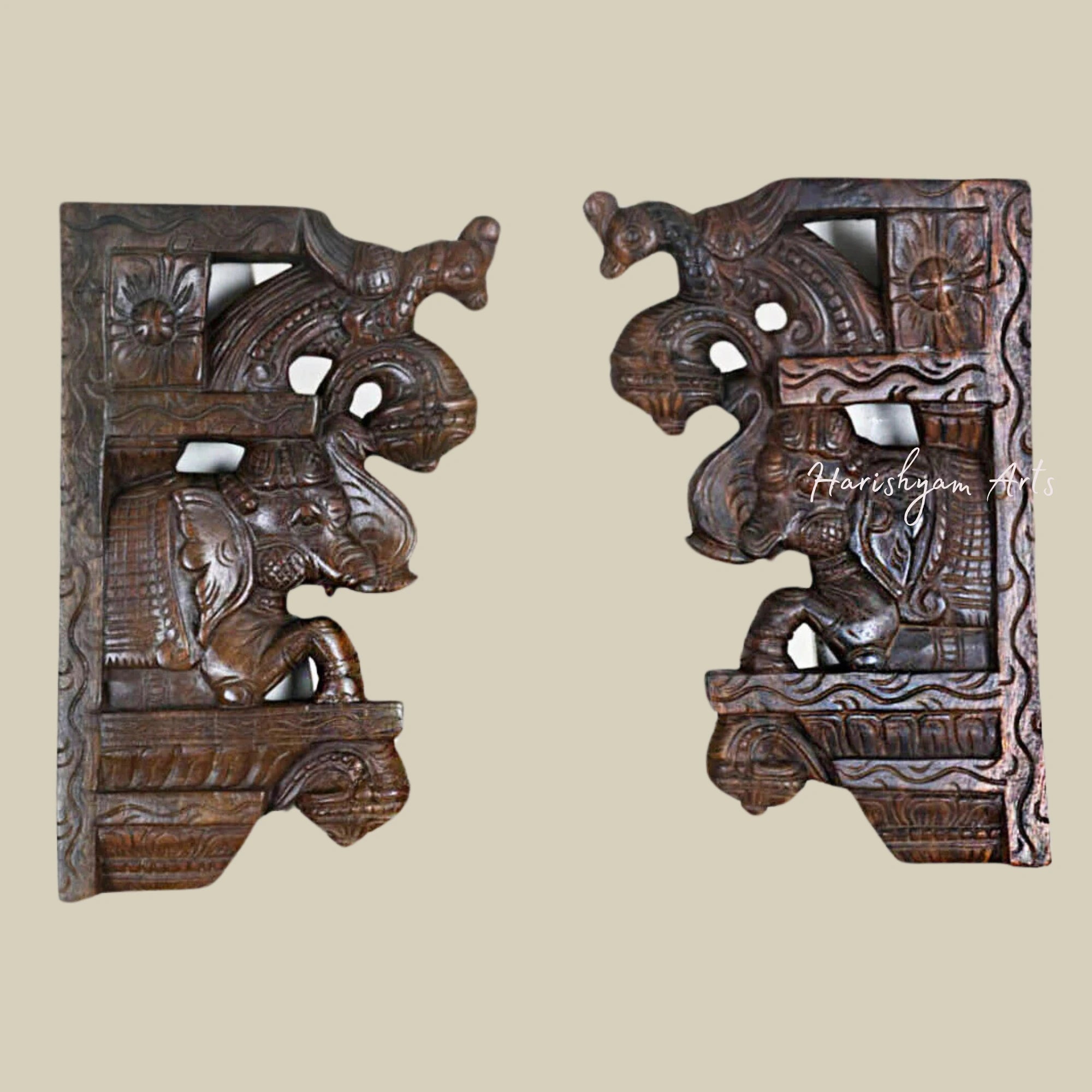 15" Unique Handcrafted Wall Brackets with Upraised Elephants and Parrots for Home Decoration