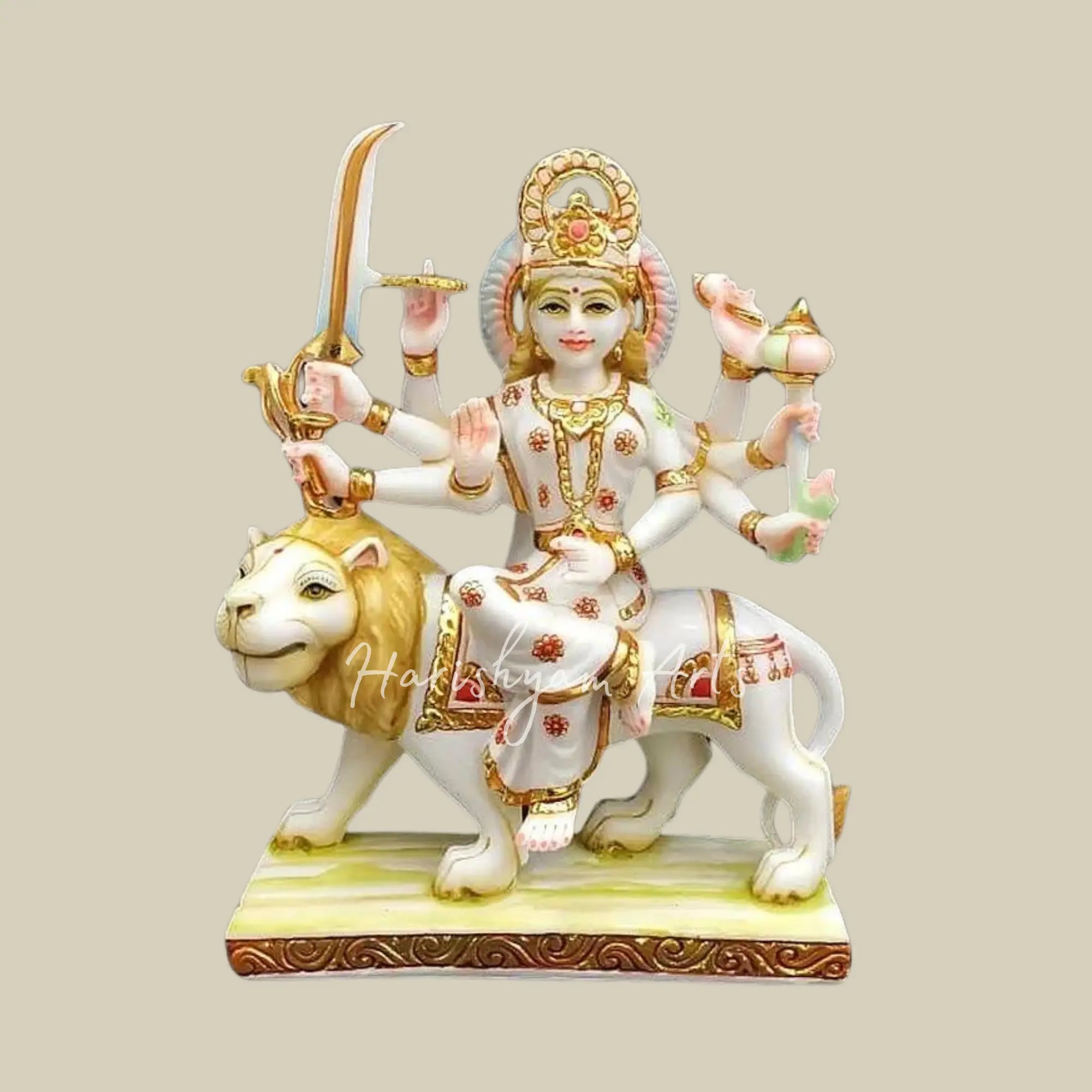 15" Devi Durga Seated on Lion Vietnam Marble Statue