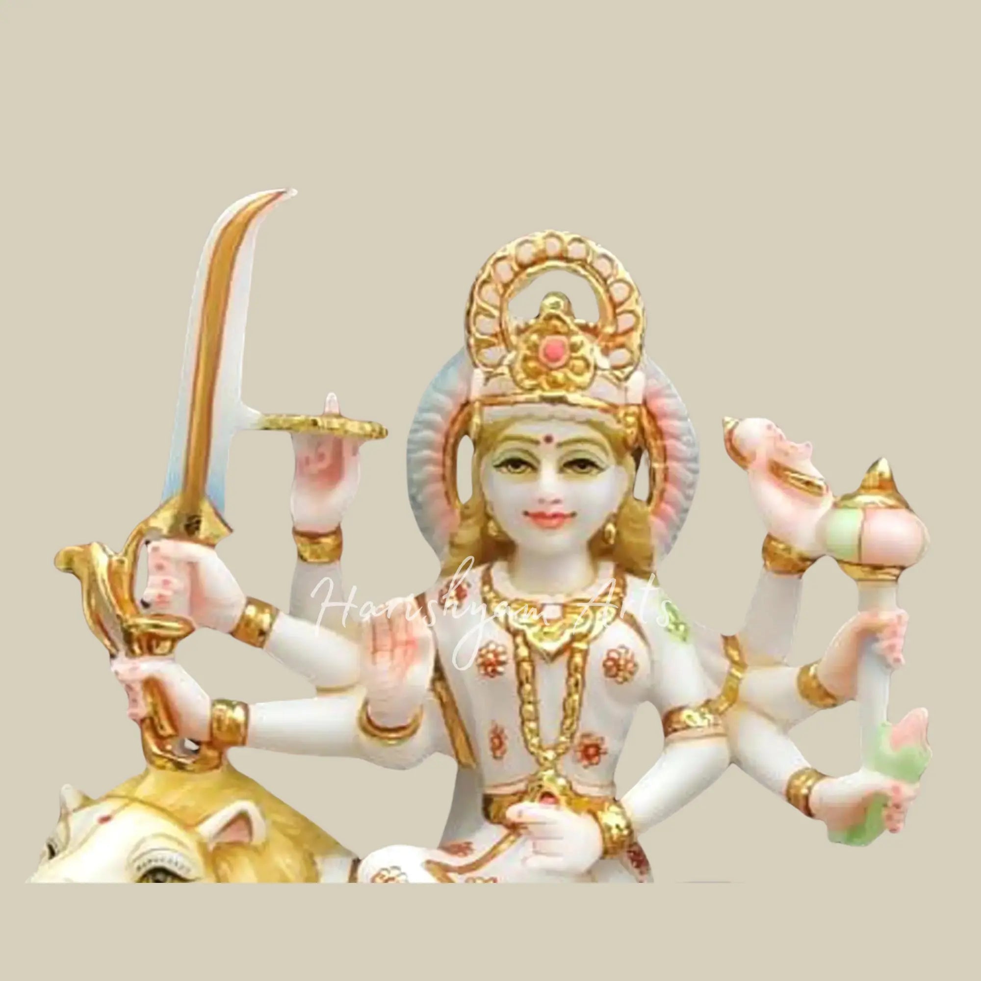 15" Devi Durga Seated on Lion Vietnam Marble Statue