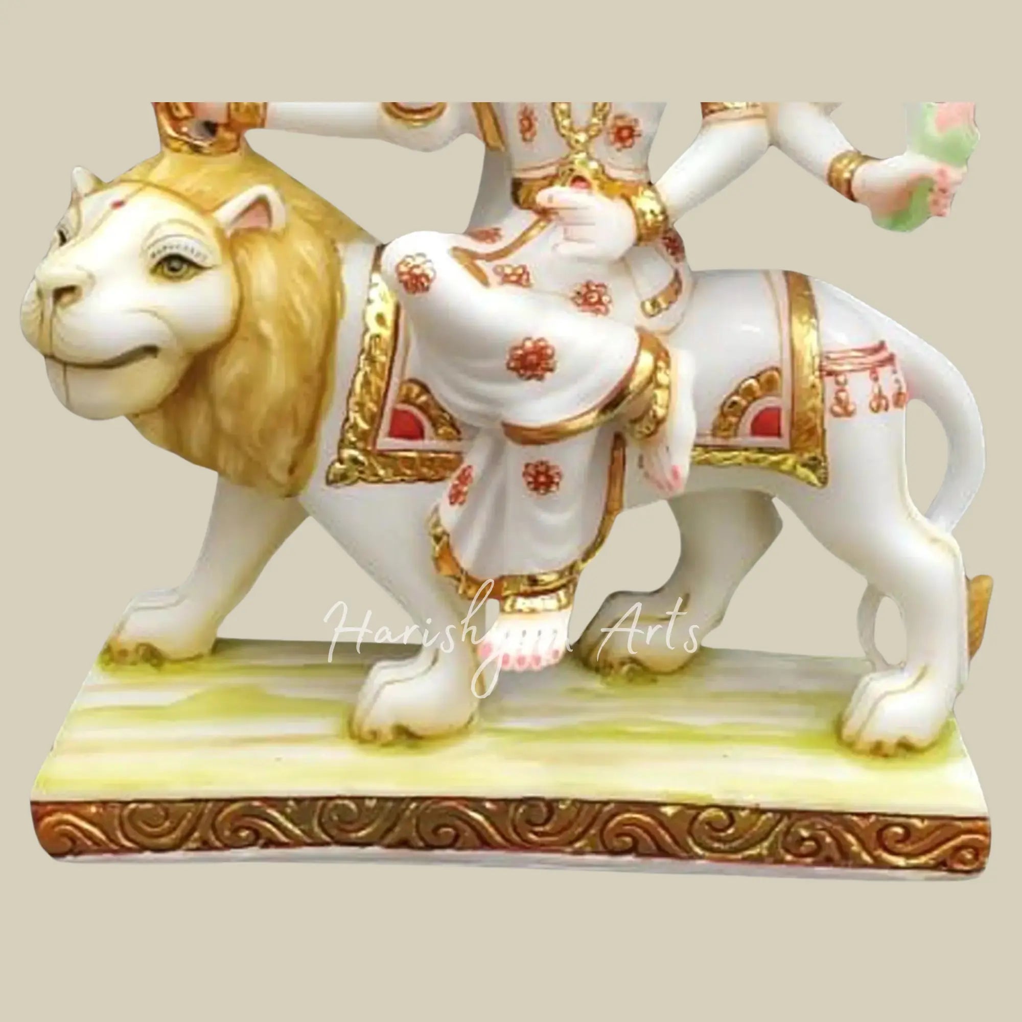 15" Devi Durga Seated on Lion Vietnam Marble Statue
