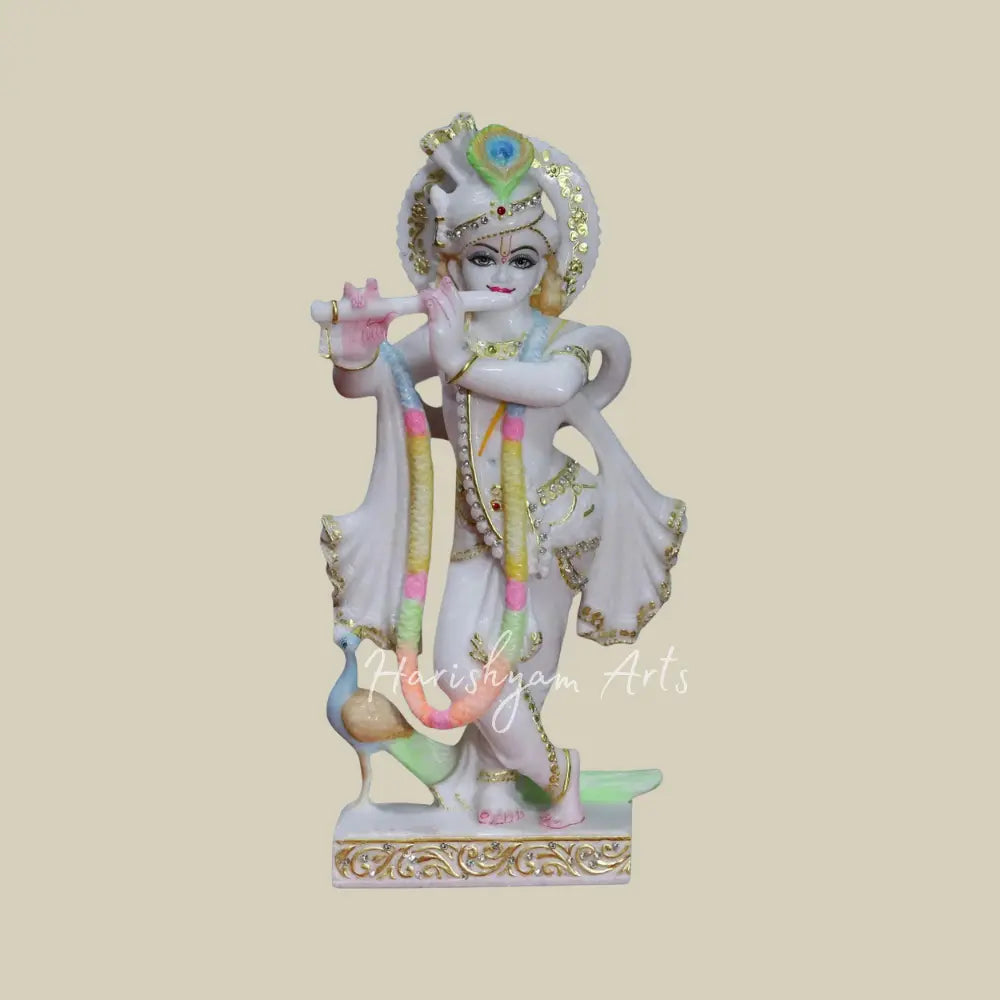 15" Krishna Playing Flute With Peacock makrana marble murti