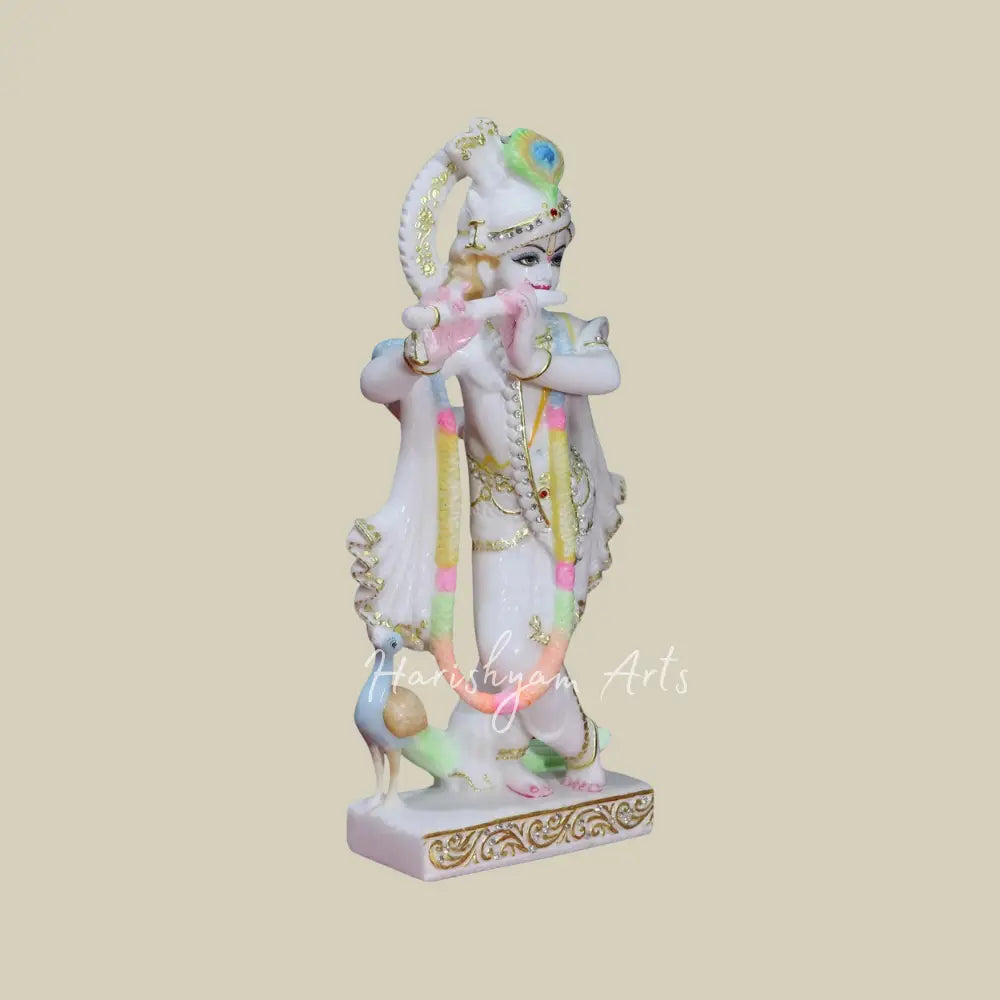 15" Krishna Playing Flute With Peacock makrana marble murti