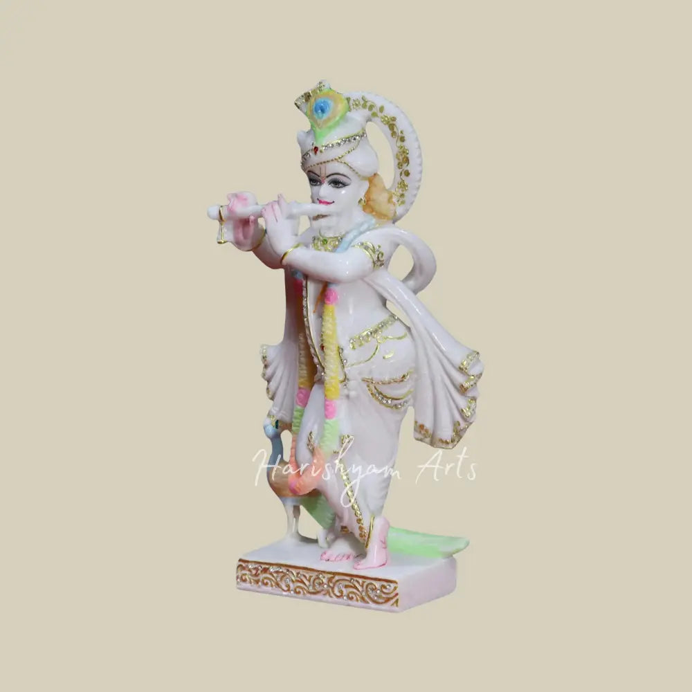 15" Krishna Playing Flute With Peacock makrana marble murti