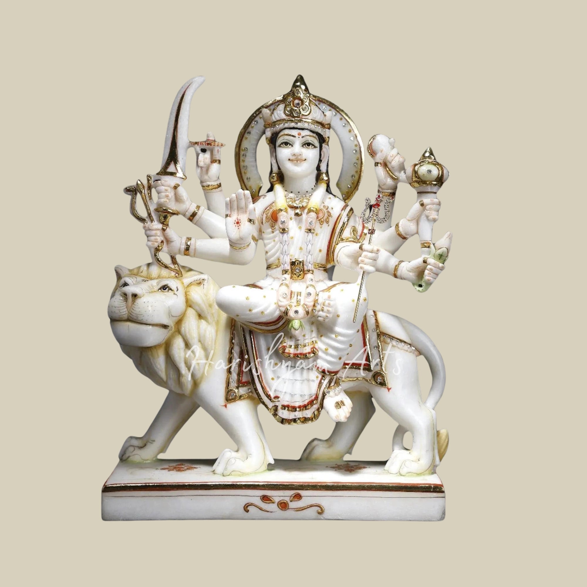 15" Maa Durga Idol Sitting on Lion Marble Statue
