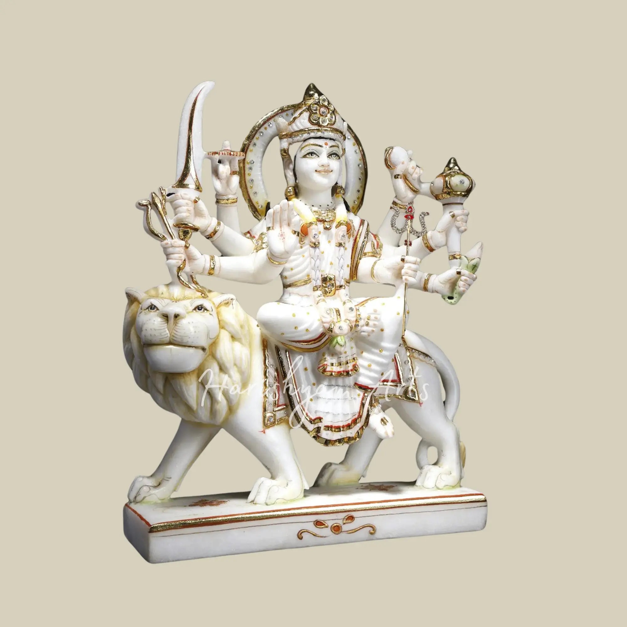 15" Maa Durga Idol Sitting on Lion Marble Statue