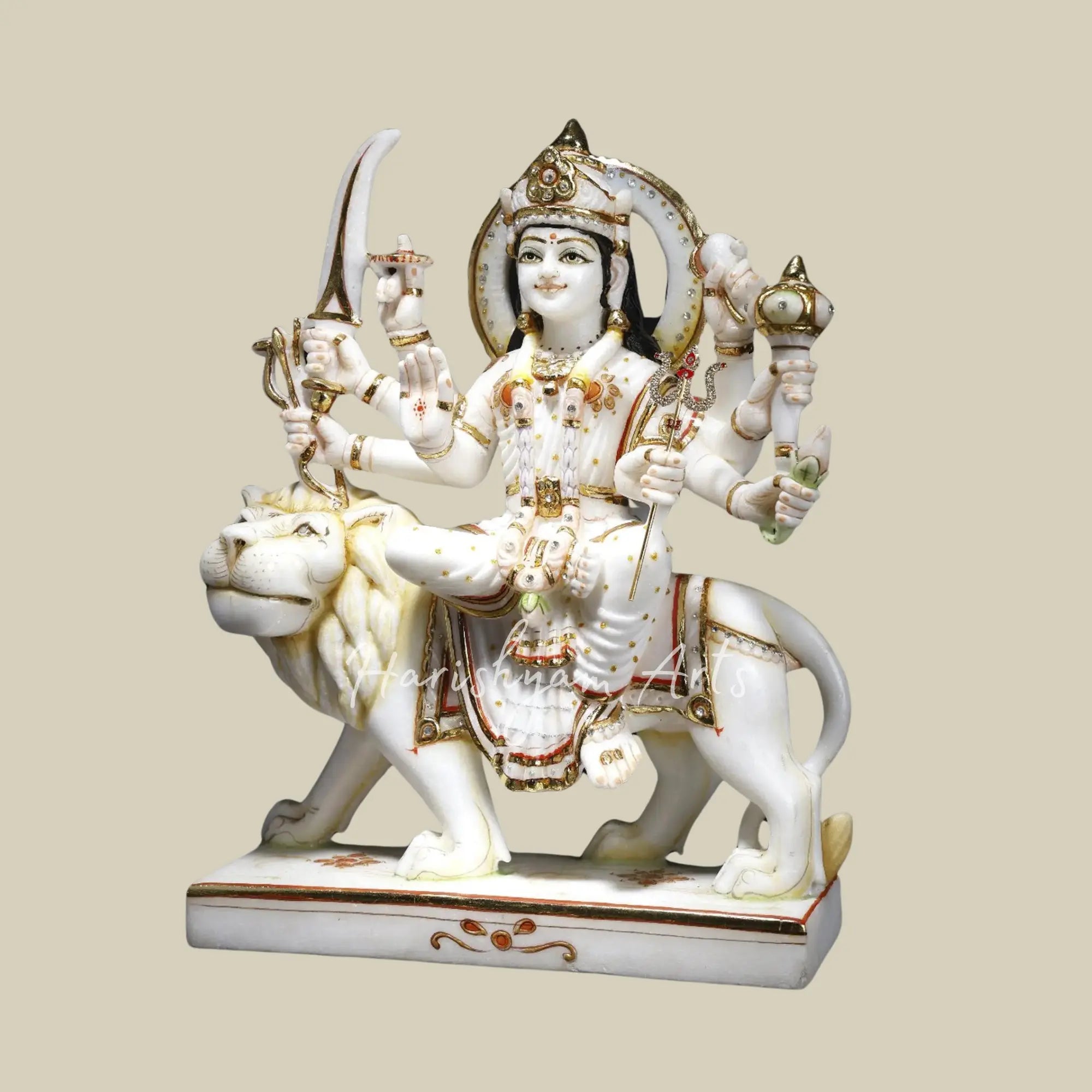 15" Maa Durga Idol Sitting on Lion Marble Statue