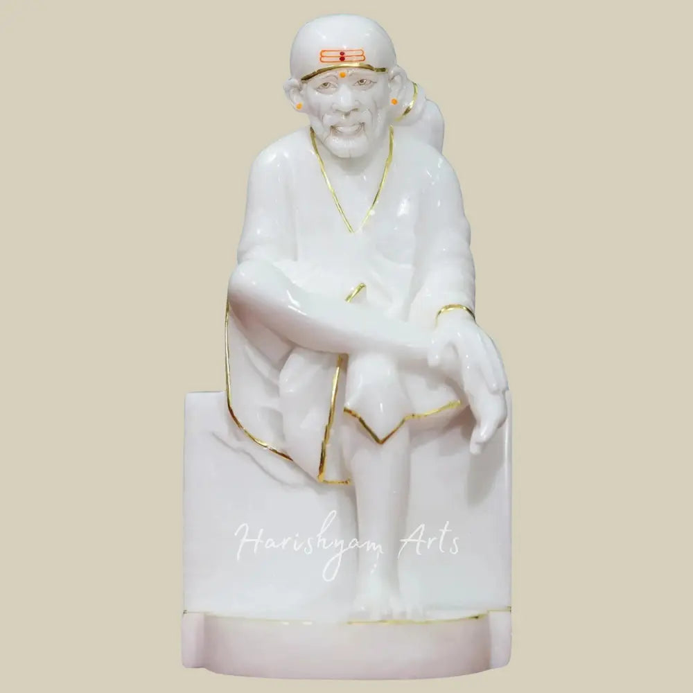 15" White Makrana Marble Idol of Sai Baba Seated on Asana