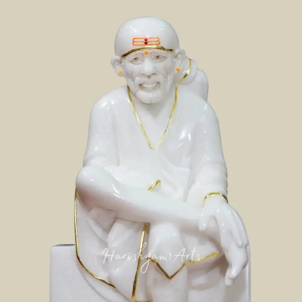 15" White Makrana Marble Idol of Sai Baba Seated on Asana