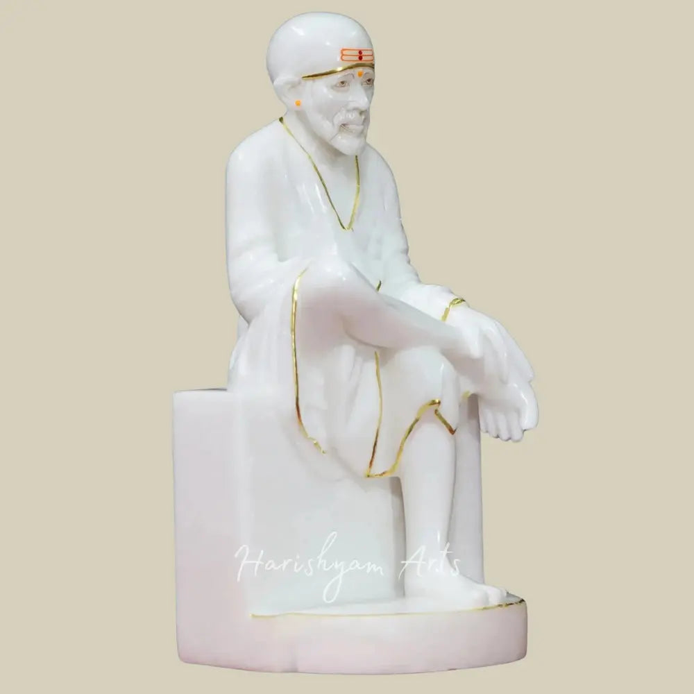15" White Makrana Marble Idol of Sai Baba Seated on Asana