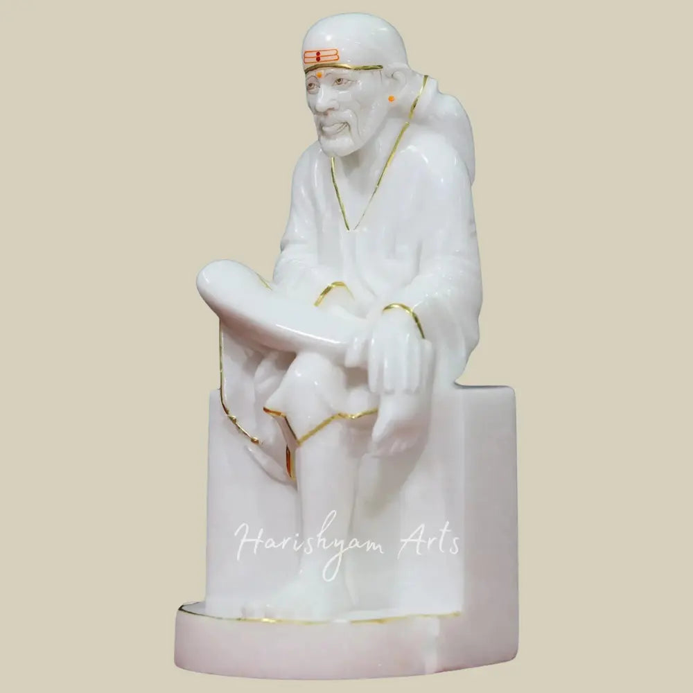 15" White Makrana Marble Idol of Sai Baba Seated on Asana