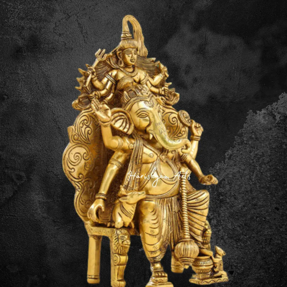 Brass Ganesha Idol Resting on Singhasan Throne 16"