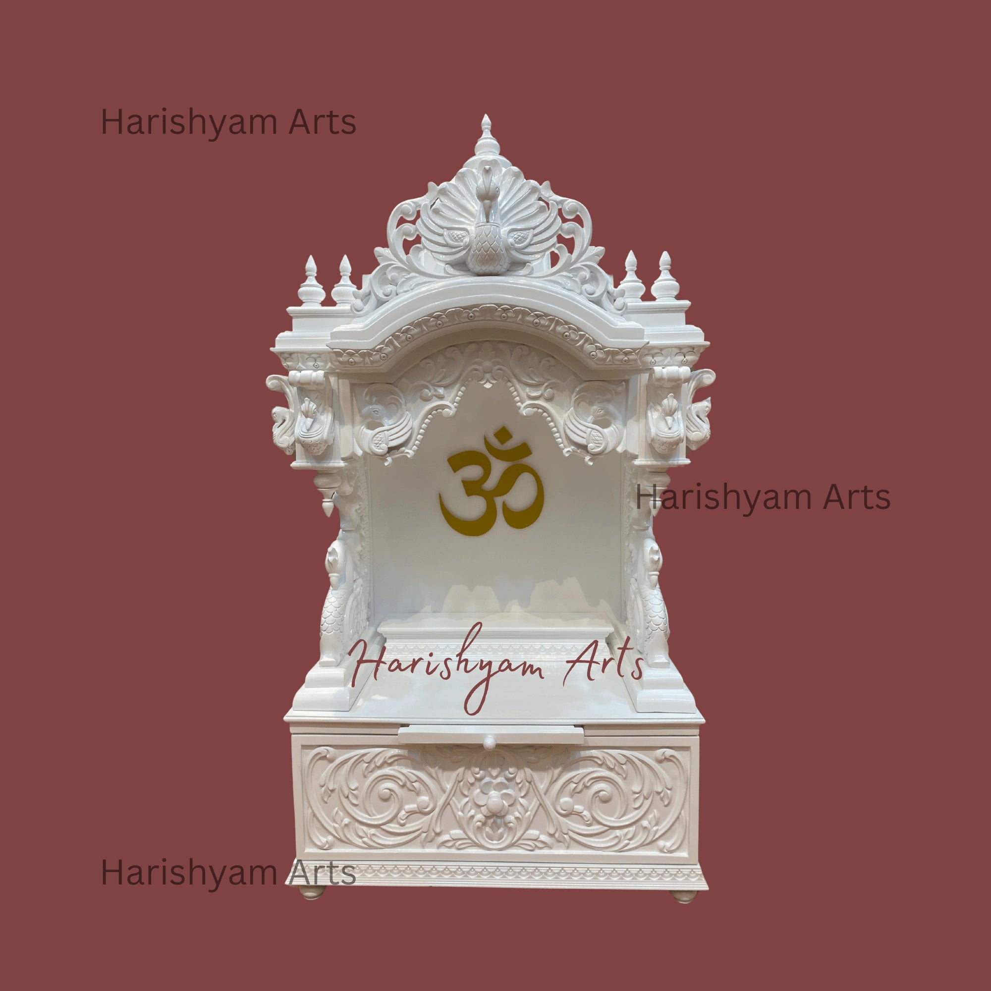 48" White Teak Wood Mandir with "Golden OM"