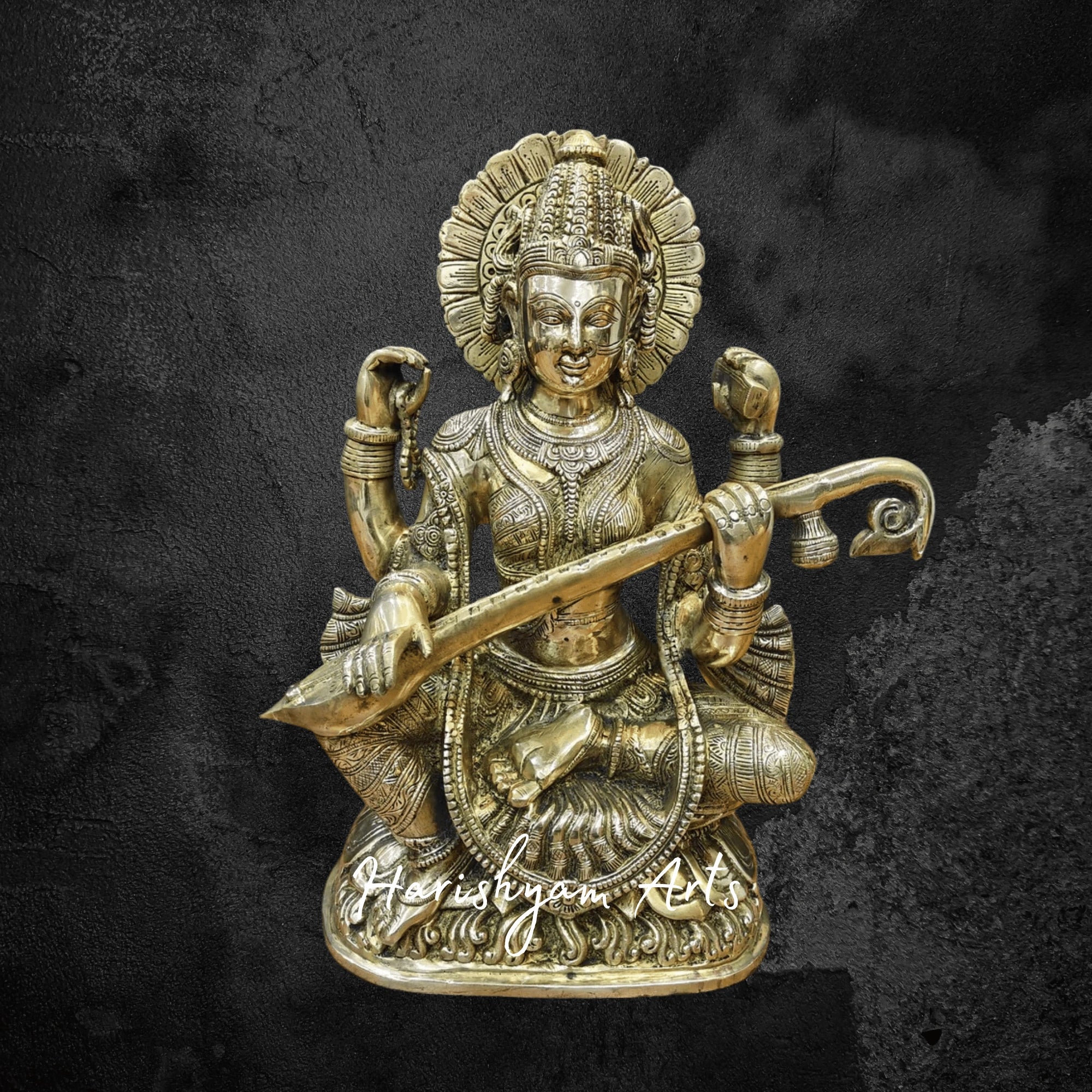 16" Brass Goddess Saraswati Murti Gracefully Playing Veena for Devotional Spaces