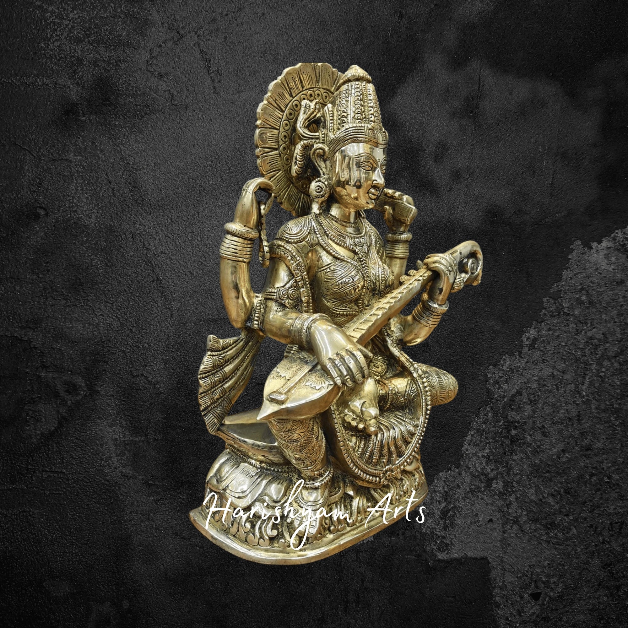 16" Brass Goddess Saraswati Murti Gracefully Playing Veena for Devotional Spaces