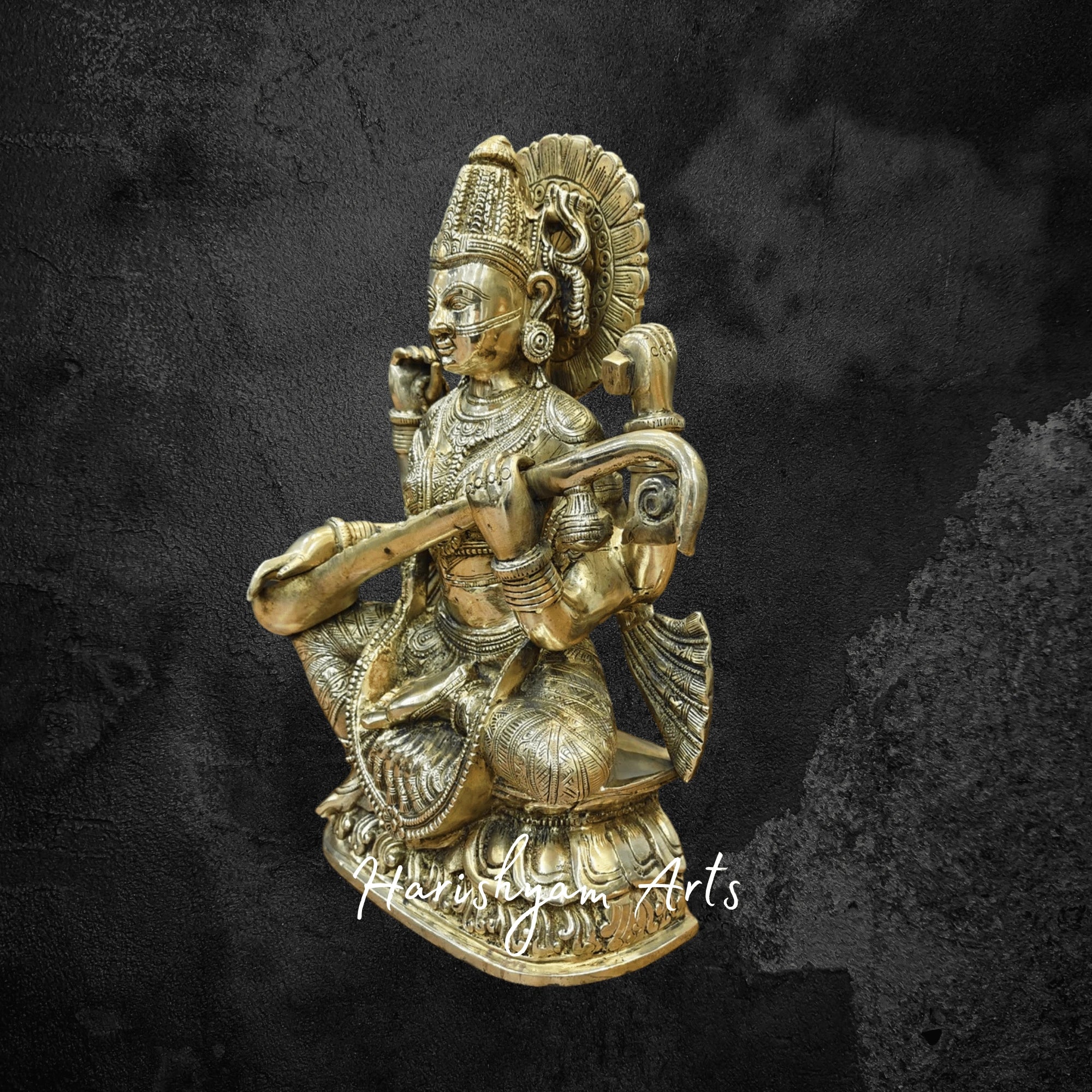 16" Brass Goddess Saraswati Murti Gracefully Playing Veena for Devotional Spaces
