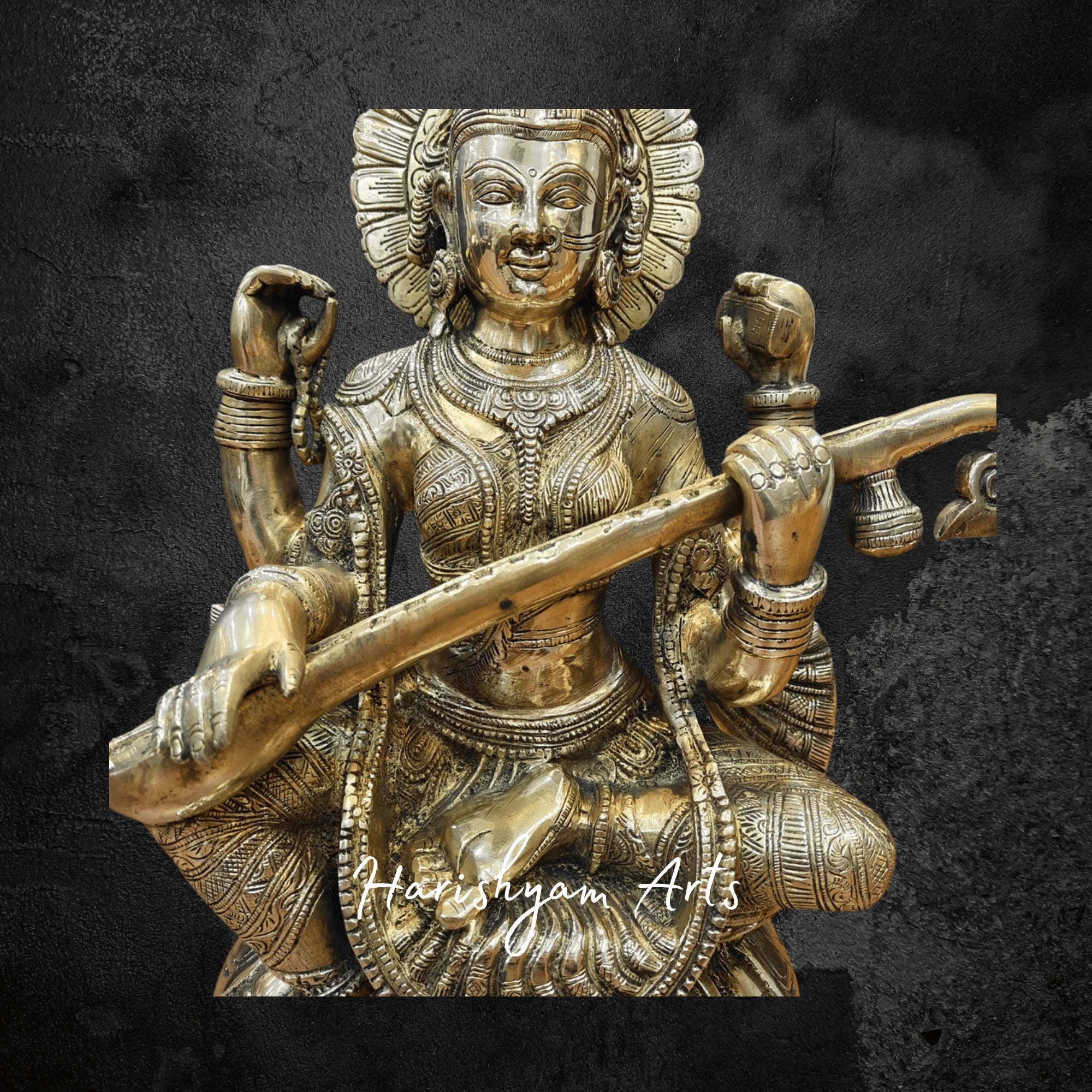 16" Brass Goddess Saraswati Murti Gracefully Playing Veena for Devotional Spaces