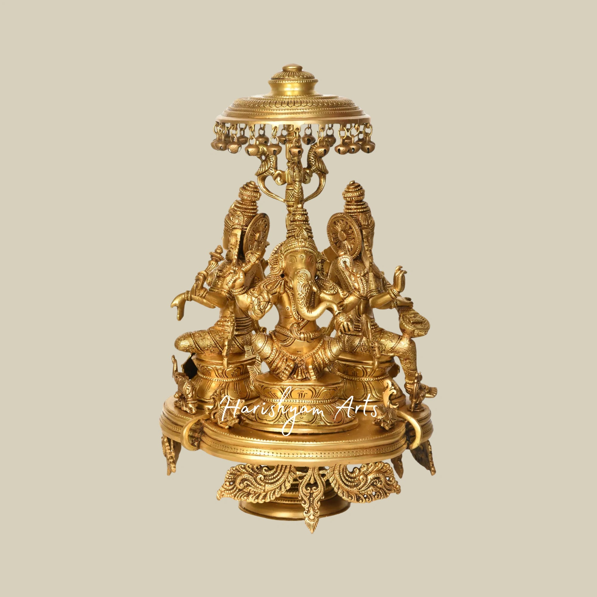 16" Brass Lakshmi, Ganesha, and Saraswati Idols Seated on Ornate Moving Chowki with Parasol