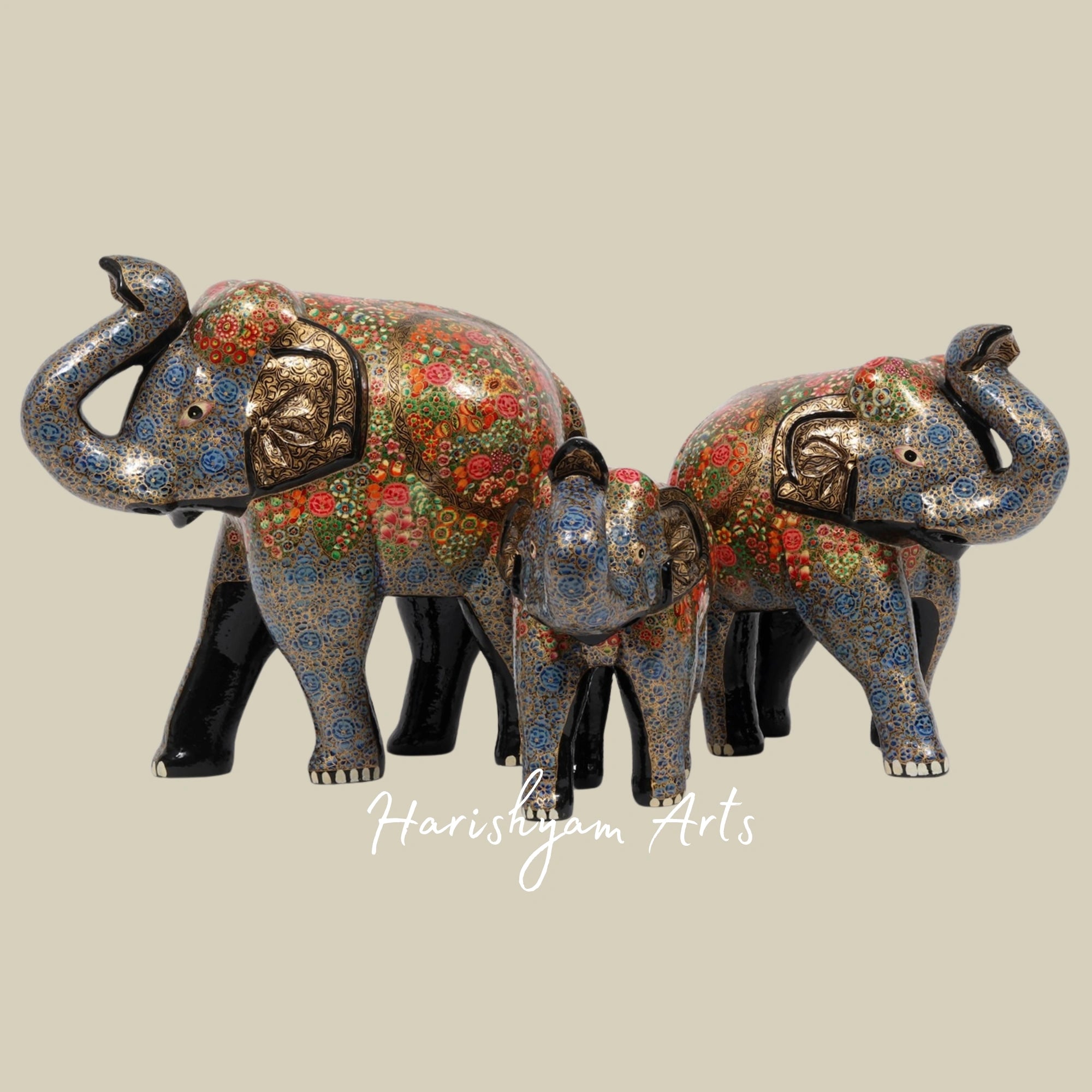 16" Colorful Papier Mache Elephant Family Trio on Wood Base Ethnic Home Decor