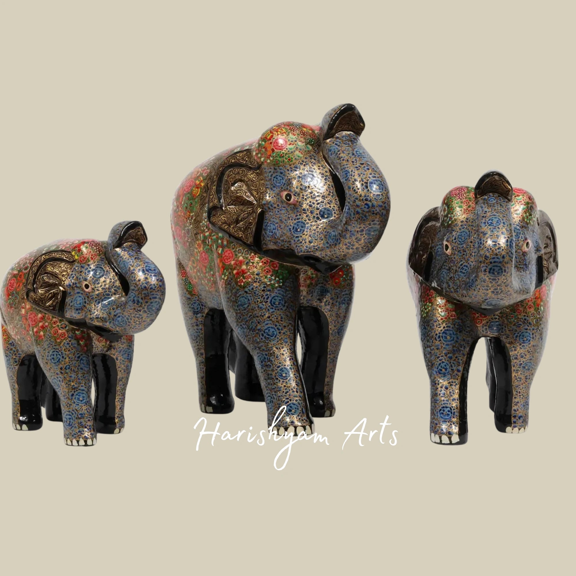 16" Colorful Papier Mache Elephant Family Trio on Wood Base Ethnic Home Decor