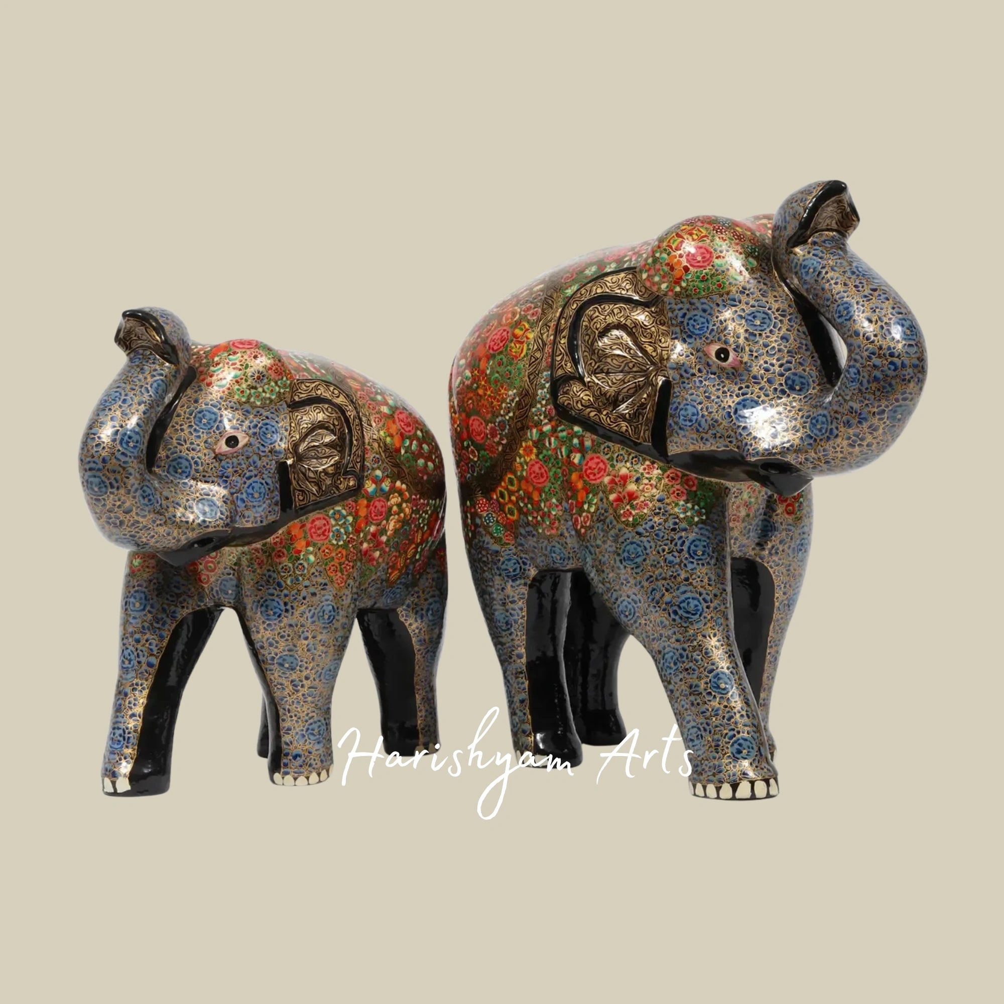 16" Colorful Papier Mache Elephant Family Trio on Wood Base Ethnic Home Decor