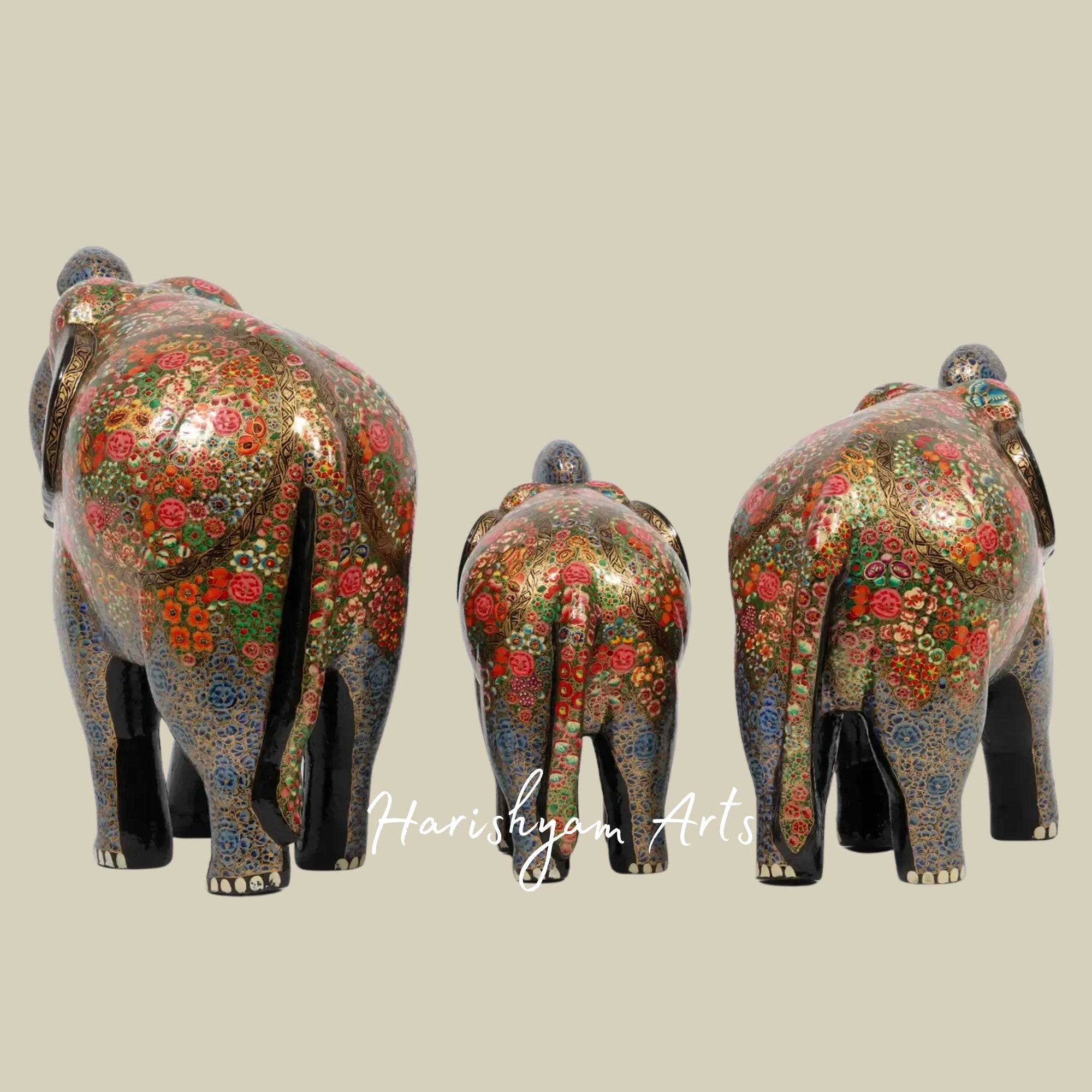 16" Colorful Papier Mache Elephant Family Trio on Wood Base Ethnic Home Decor