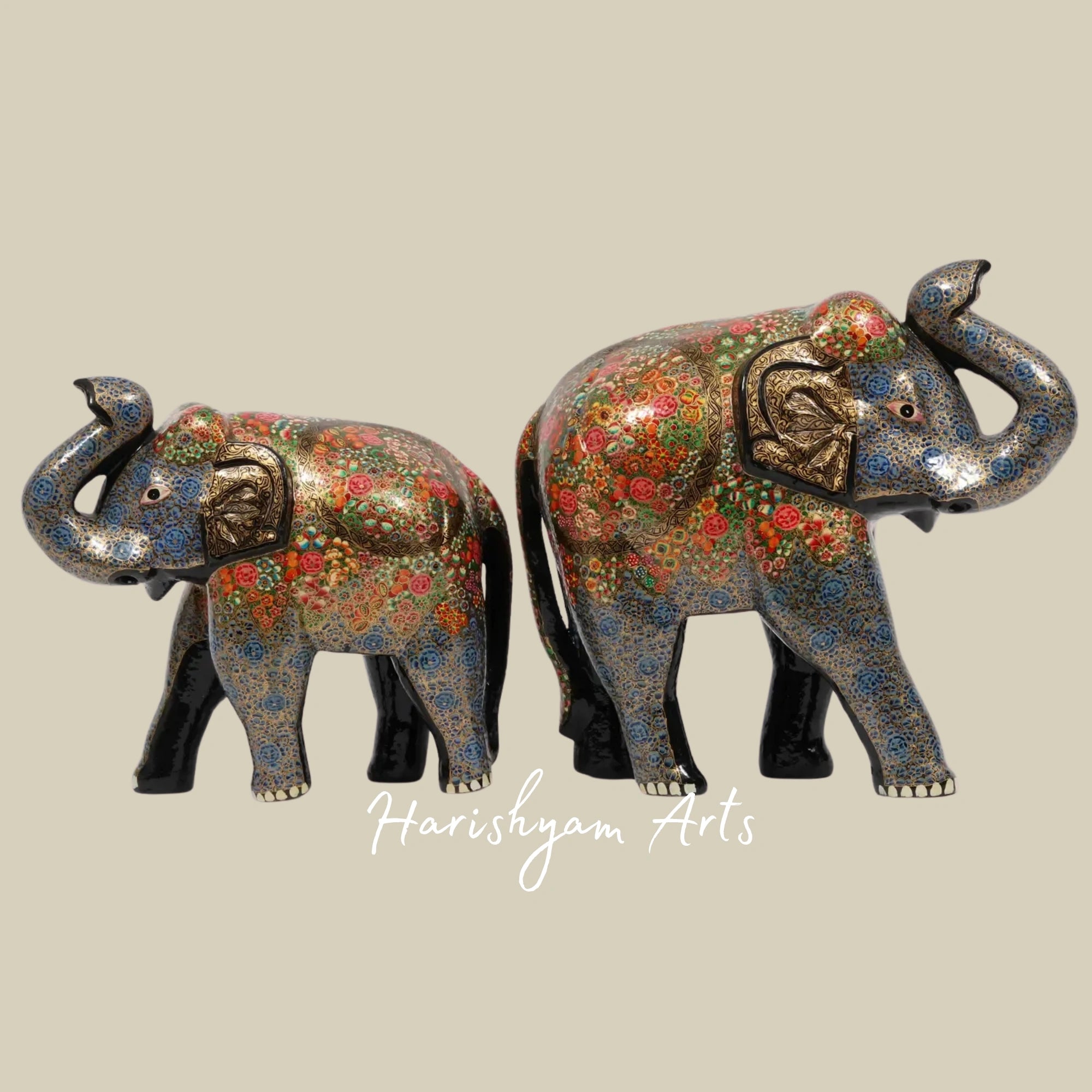 16" Colorful Papier Mache Elephant Family Trio on Wood Base Ethnic Home Decor