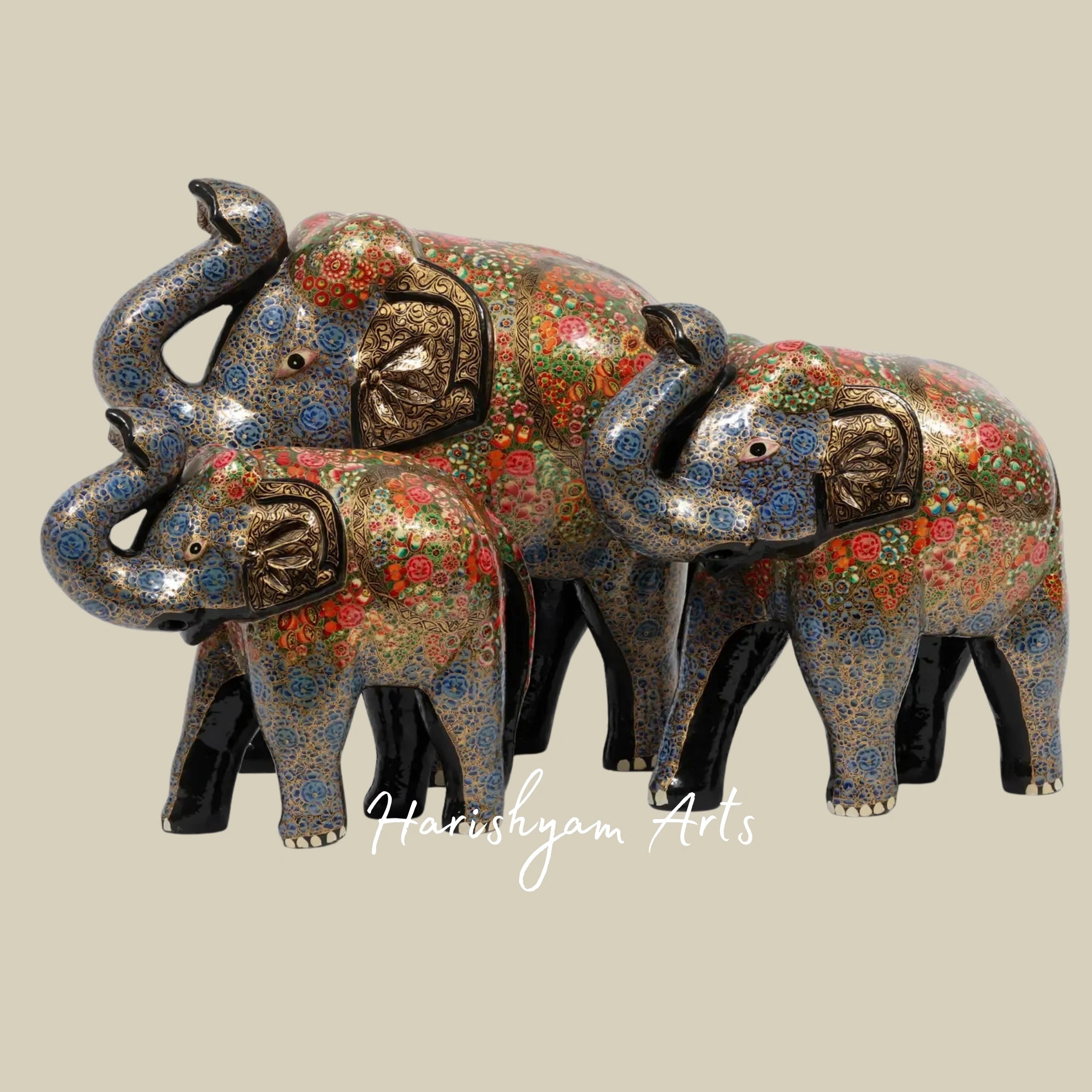 16" Colorful Papier Mache Elephant Family Trio on Wood Base Ethnic Home Decor
