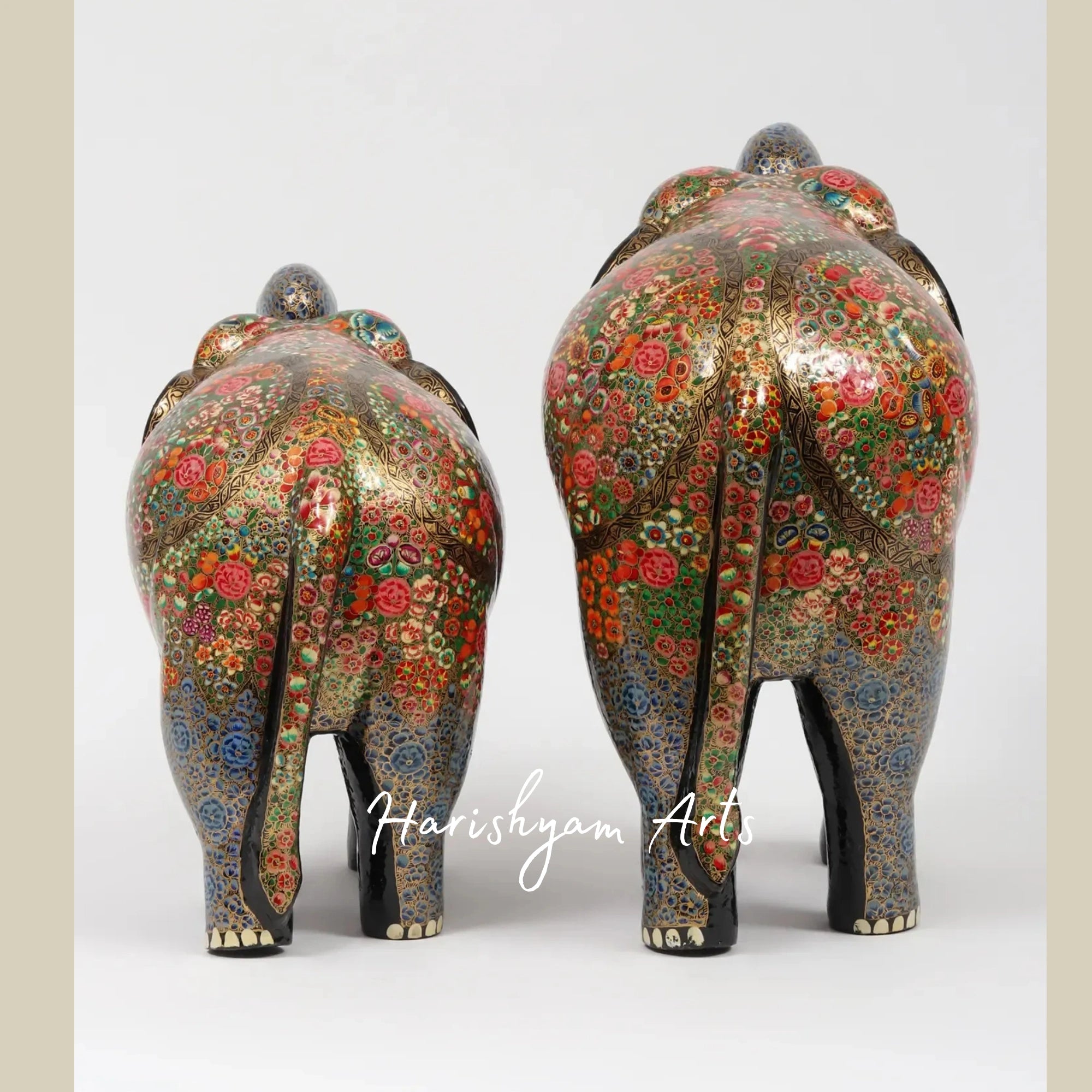 16" Colorful Papier Mache Elephant Family Trio on Wood Base Ethnic Home Decor