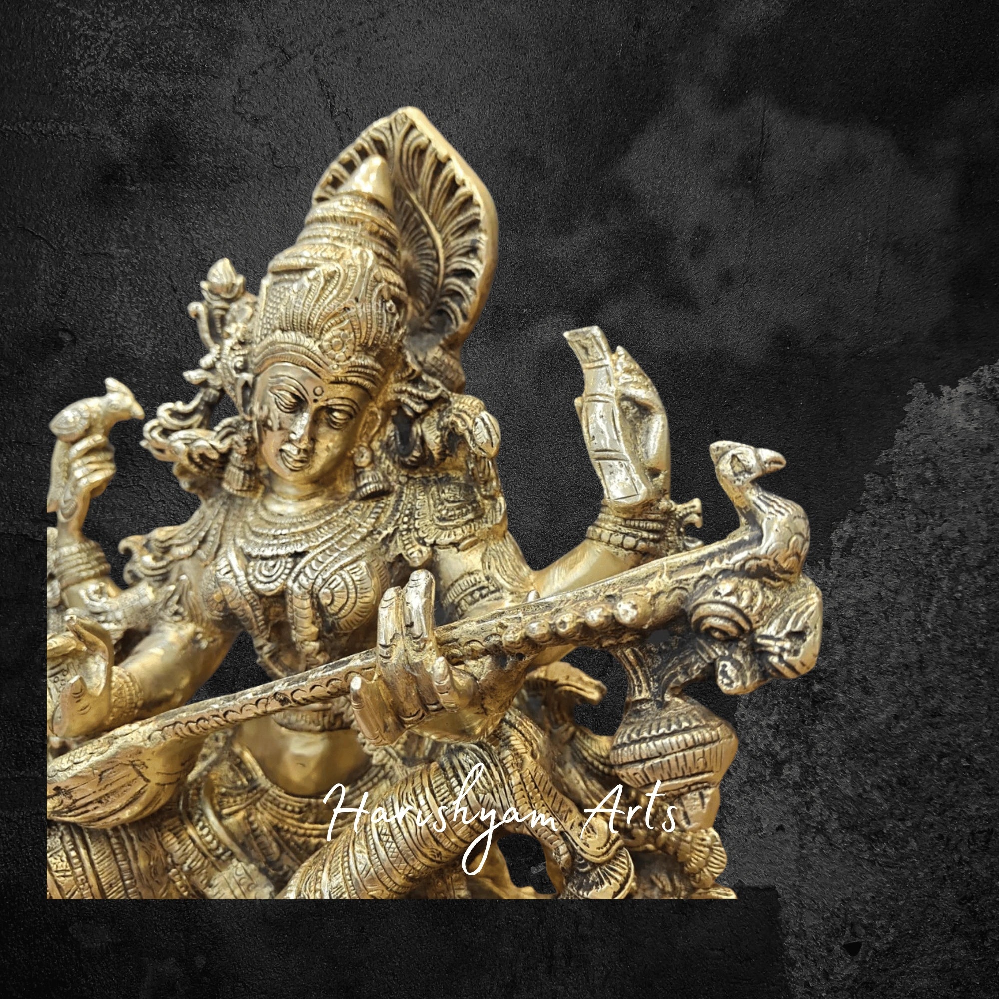16" Dancing Saraswati Brass Idol with Copper Accents and Artistic Veena Detailing