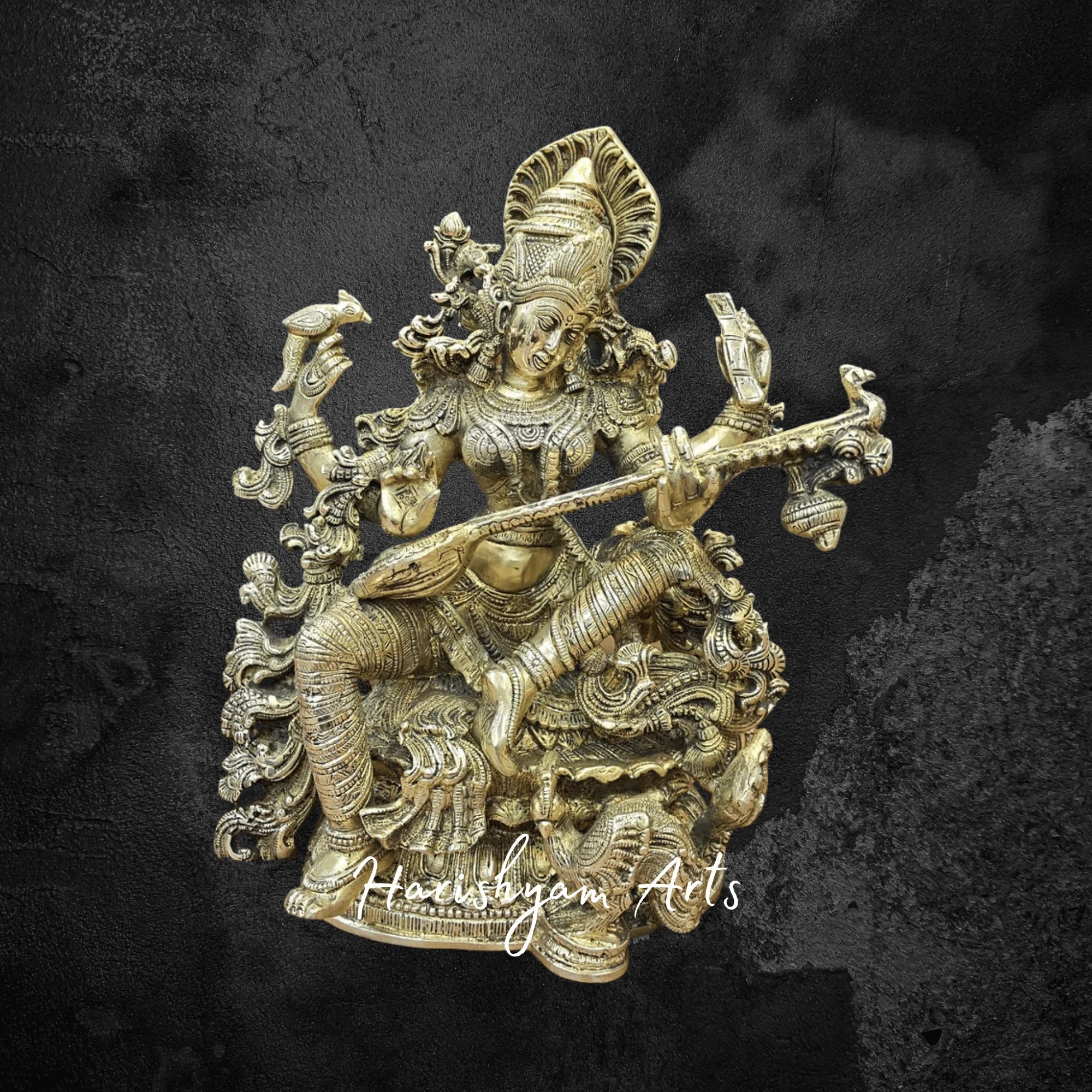 16" Dancing Saraswati Brass Idol with Copper Accents and Artistic Veena Detailing